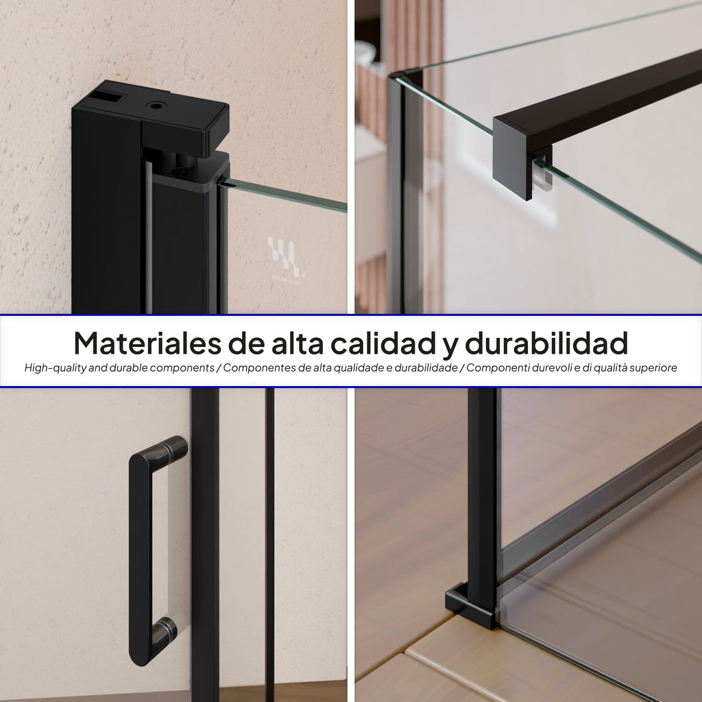 HELLEN - Cabine de duche de frontal com portas articuladas em vidro temperado e perfis em preto