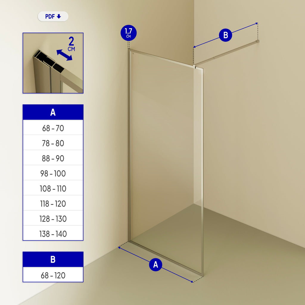 GIANNA - Pannello Doccia Walk-In in Vetro Temperato con Profilo Cromato e Barra Stabilizzatrice