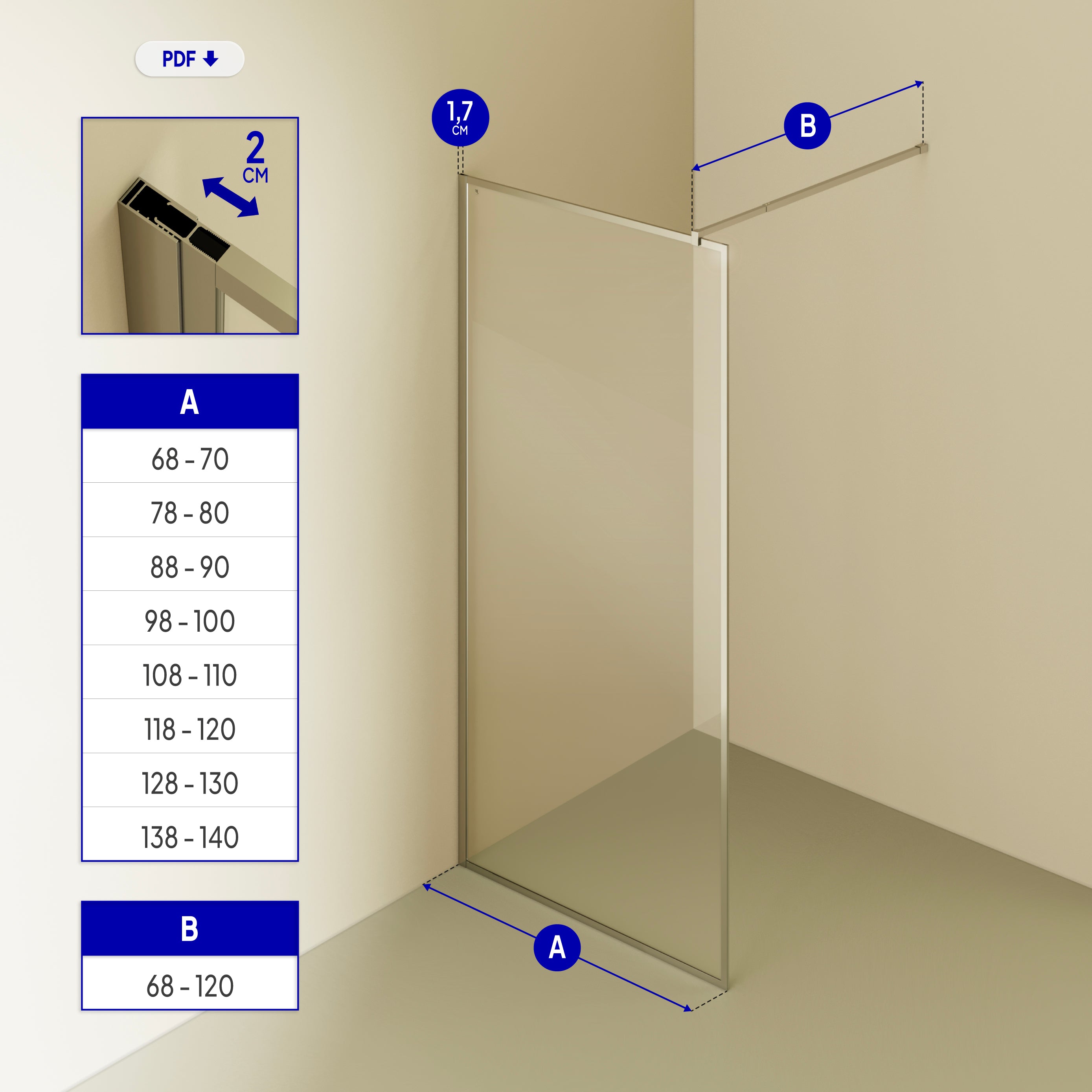 GIANNA - Pannello Doccia Walk-In in Vetro Temperato con Profilo Cromato e Barra Stabilizzatrice