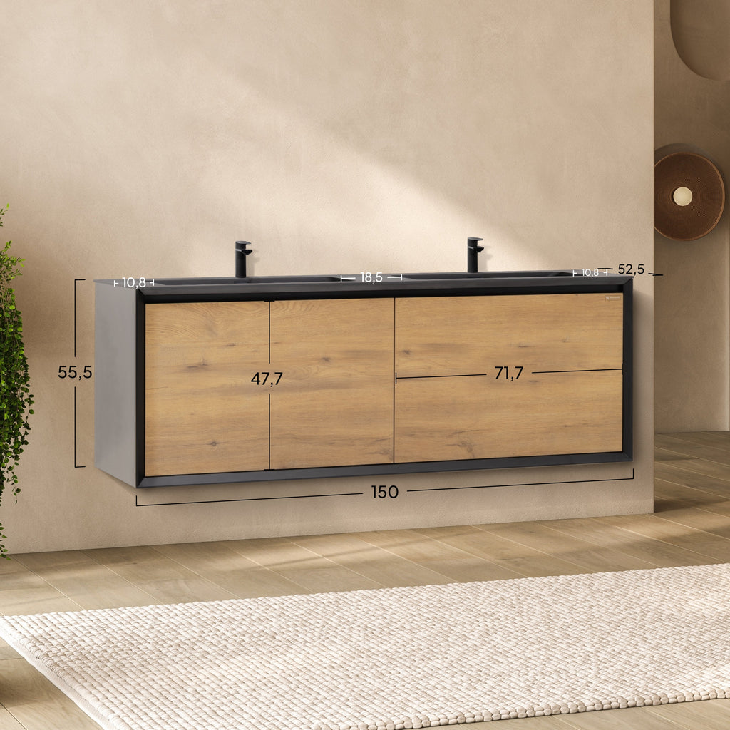 Fidia – Móvel de lavatório duplo suspenso Preto/Carvalho | 150 ou 190 cm