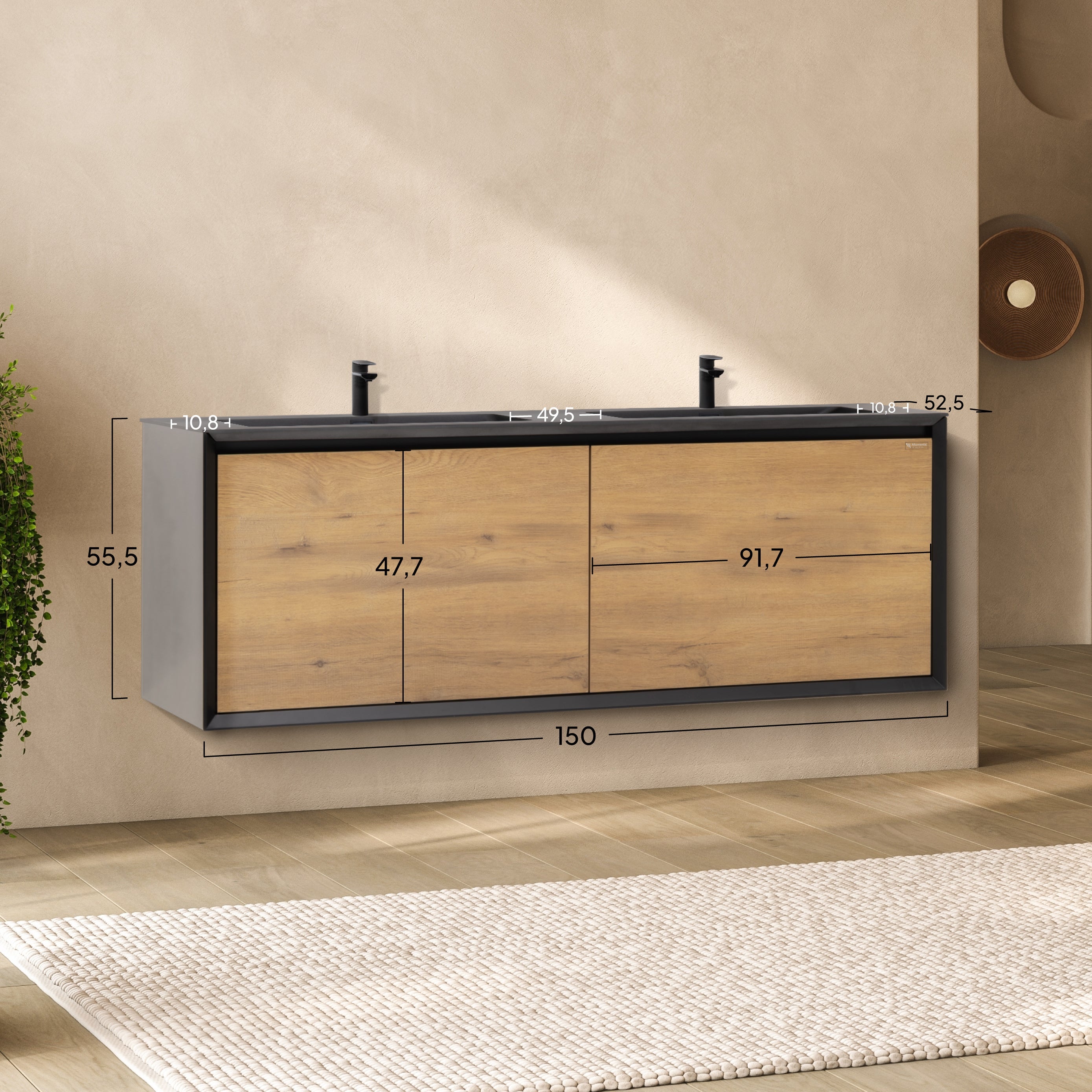 Fidia – Móvel de lavatório duplo suspenso Preto/Carvalho | 150 ou 190 cm