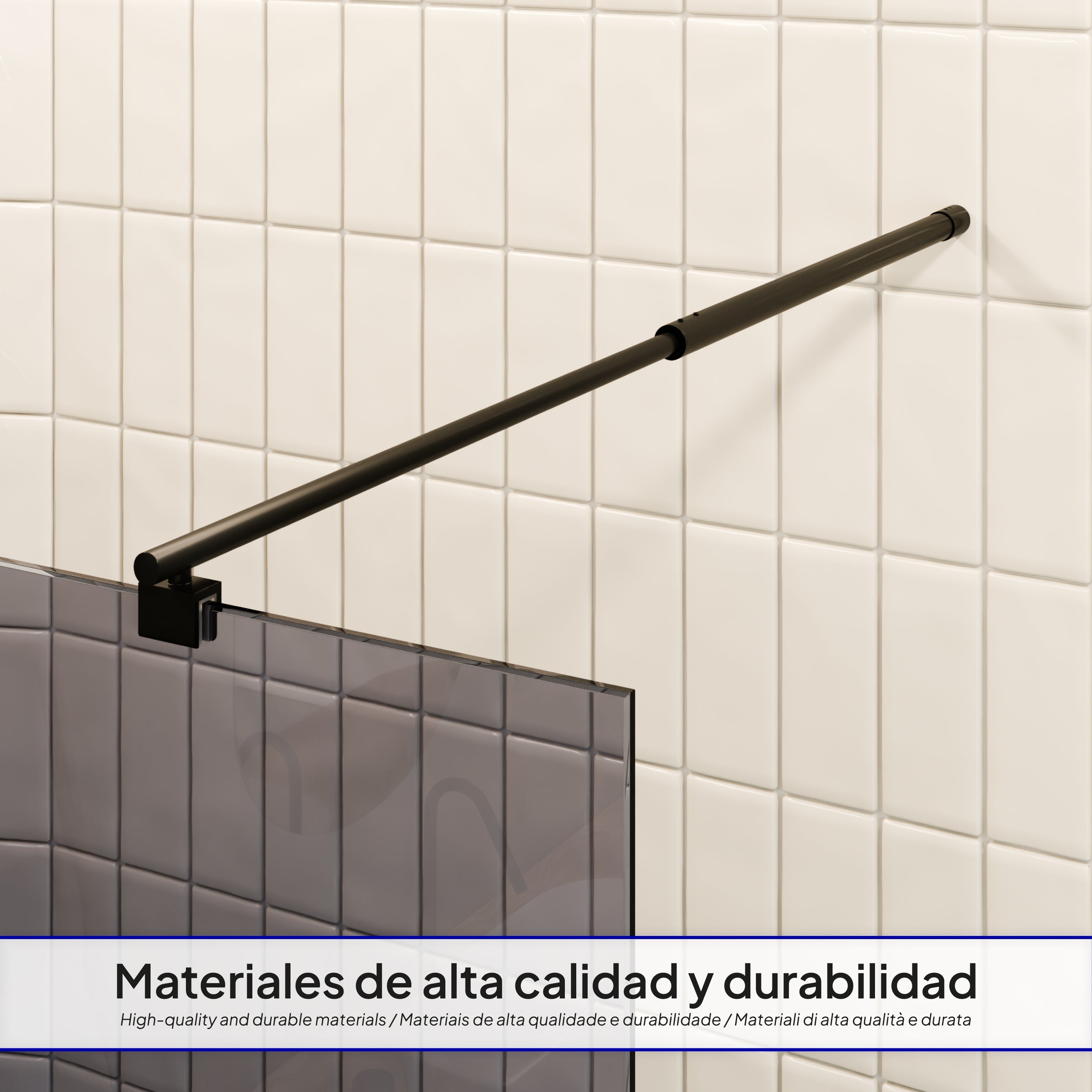 FIONA - Painel de duche walk-in em vidro escurecido 10mm com perfil e barra estabilizadora preto