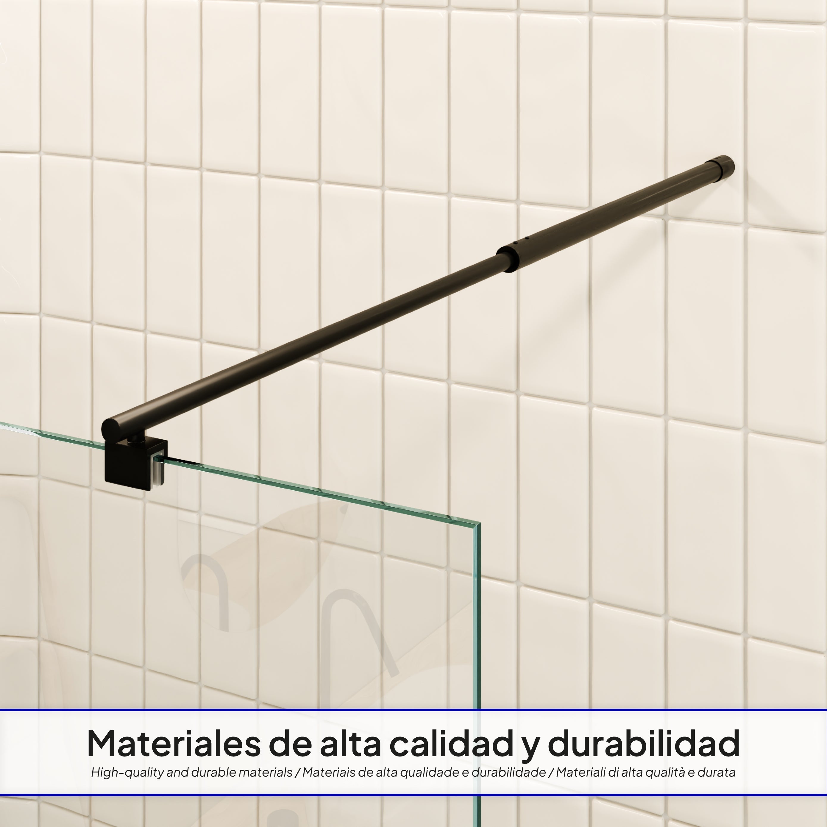 FIONA - Panel de ducha walk-in de vidrio transparente de 10 mm con perfil y barra estabilizadora negros