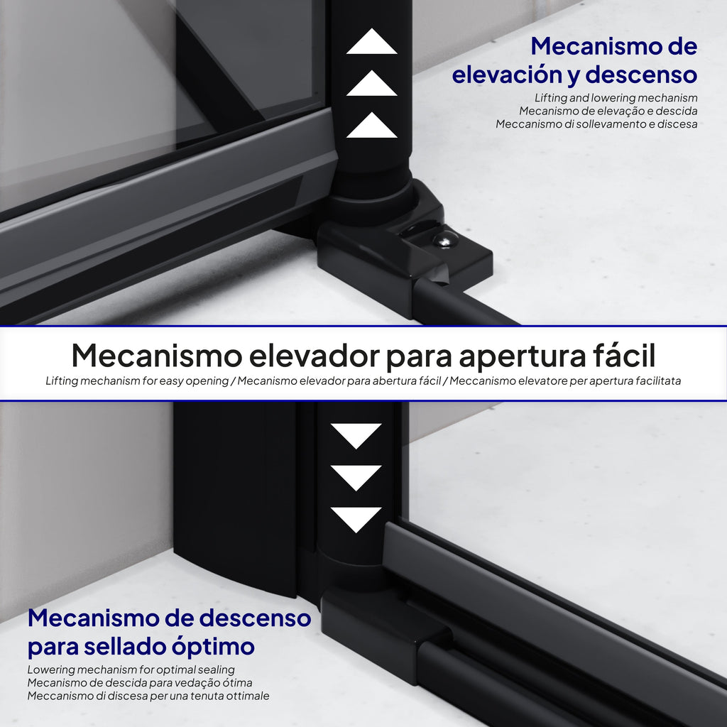 MILA - Puerta plegable en vidrio templado de 6 mm con perfiles negros - Varios tamaños