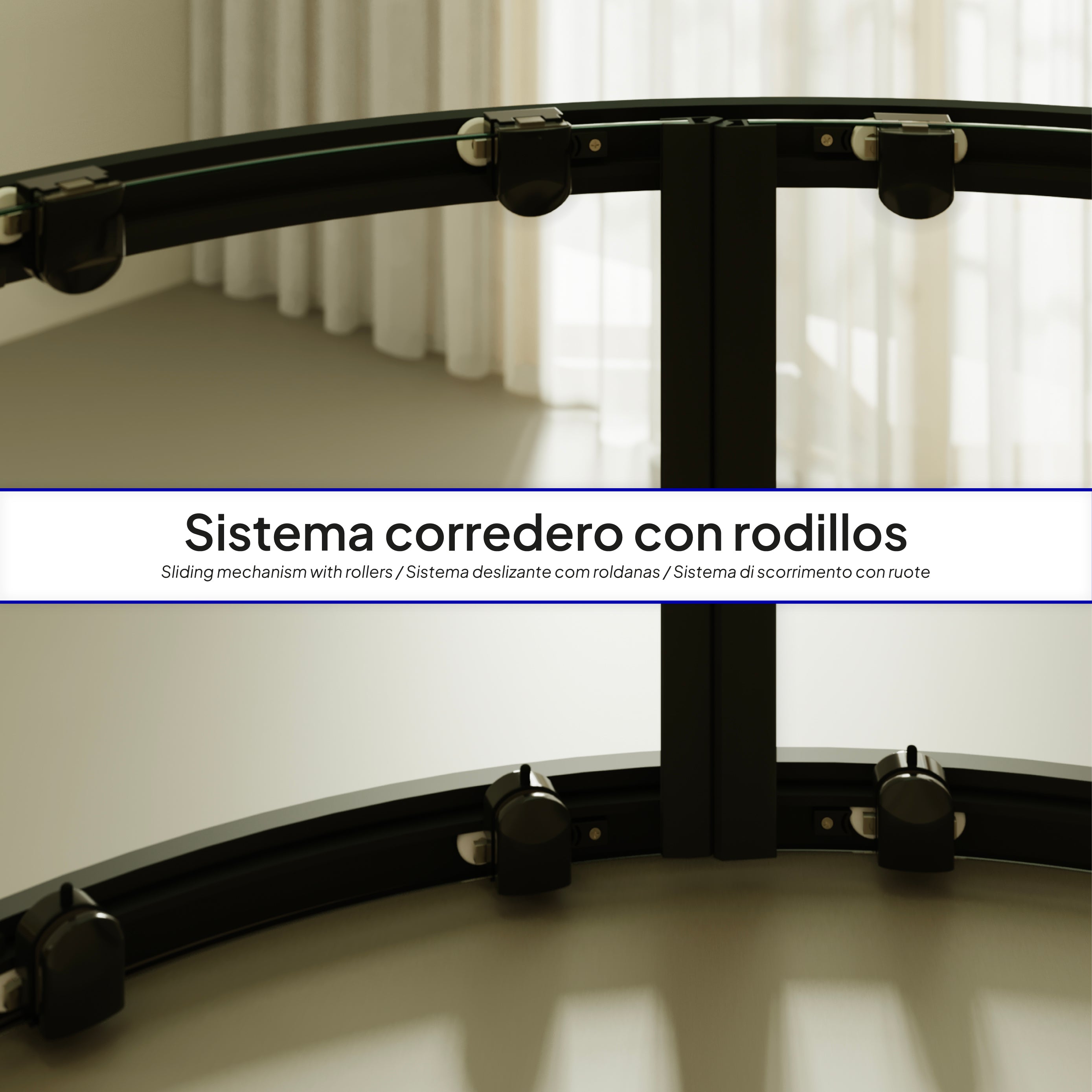 ELLA - Cabina de ducha de cuadrante con vidrio transparente, líneas negras y puertas correderas