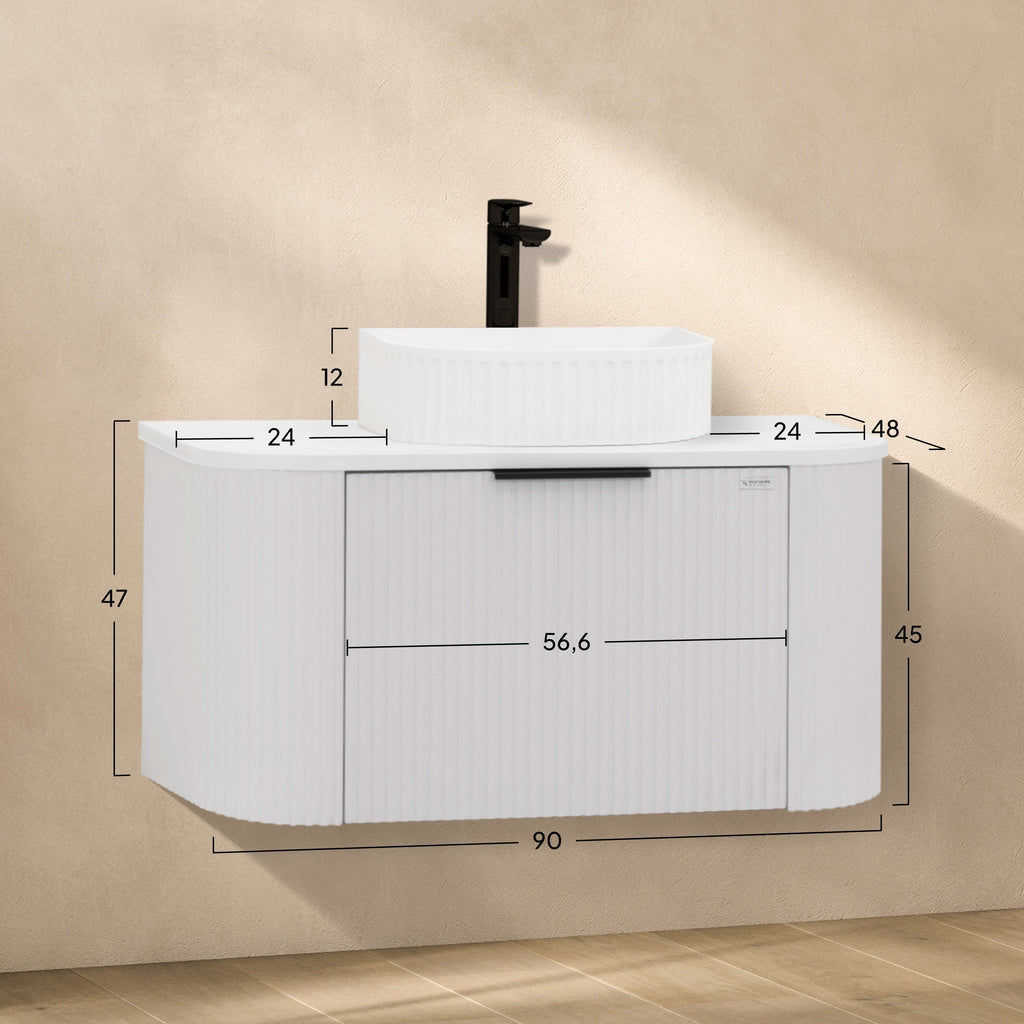 Maia - Mueble de lavabo suspendido con cajones soft-close | 90 cm | Blanco acanalado
