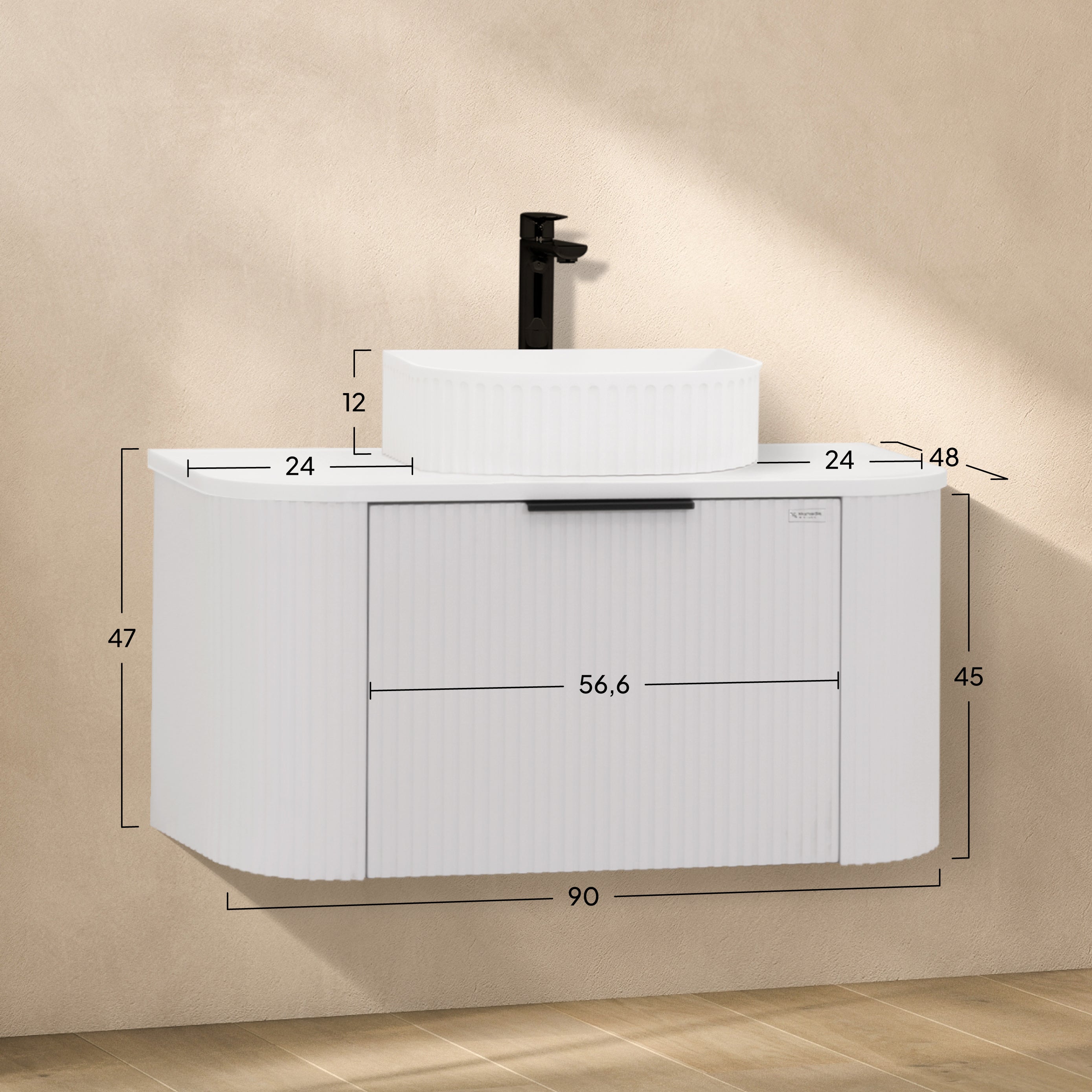 Maia - Mueble de lavabo suspendido con cajones soft-close | 90 cm | Blanco acanalado