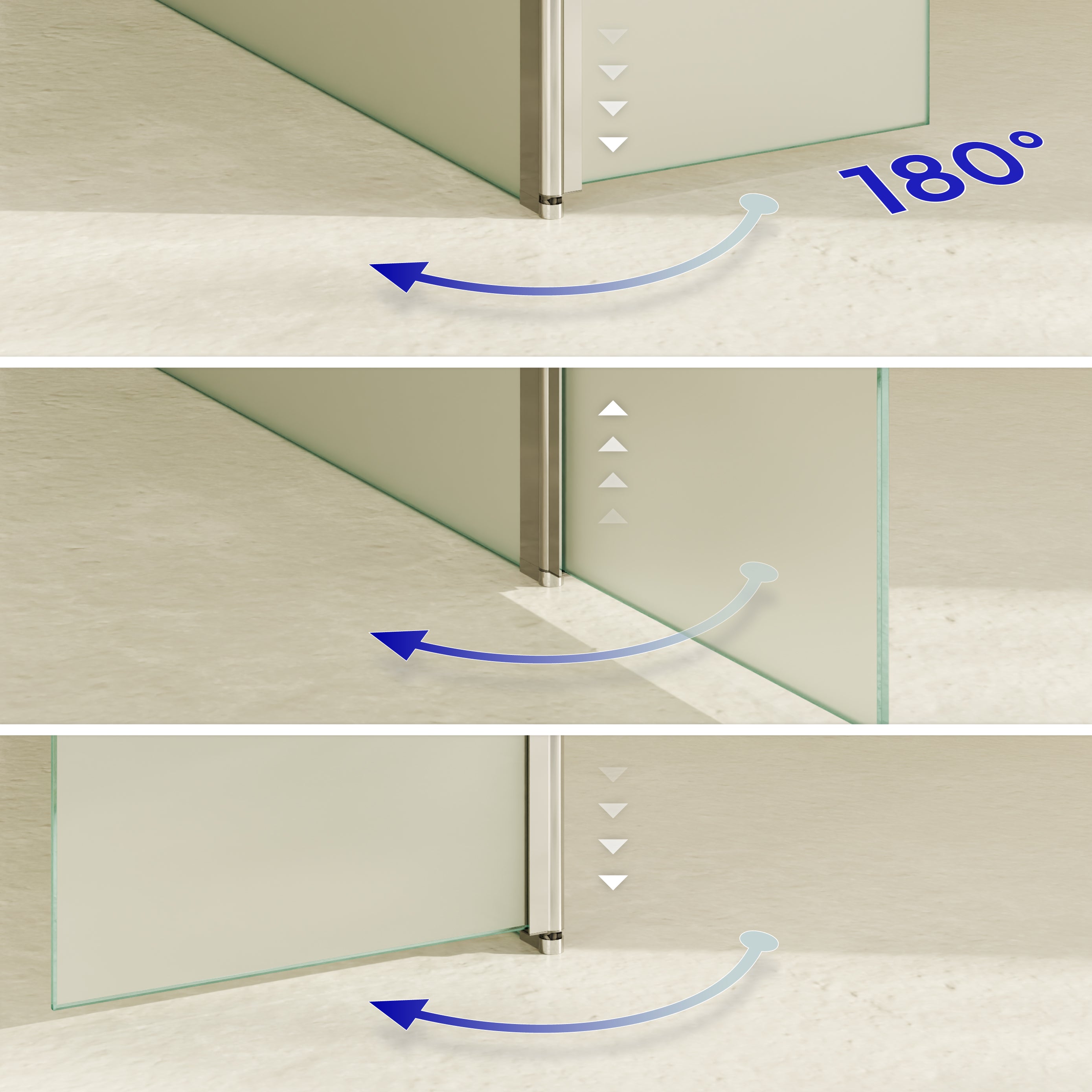 FIONA - Painel de duche walk-In com painel lateral giratório 40 cm em vidro satinado 10mm com perfil e barra estabilizadora cromado