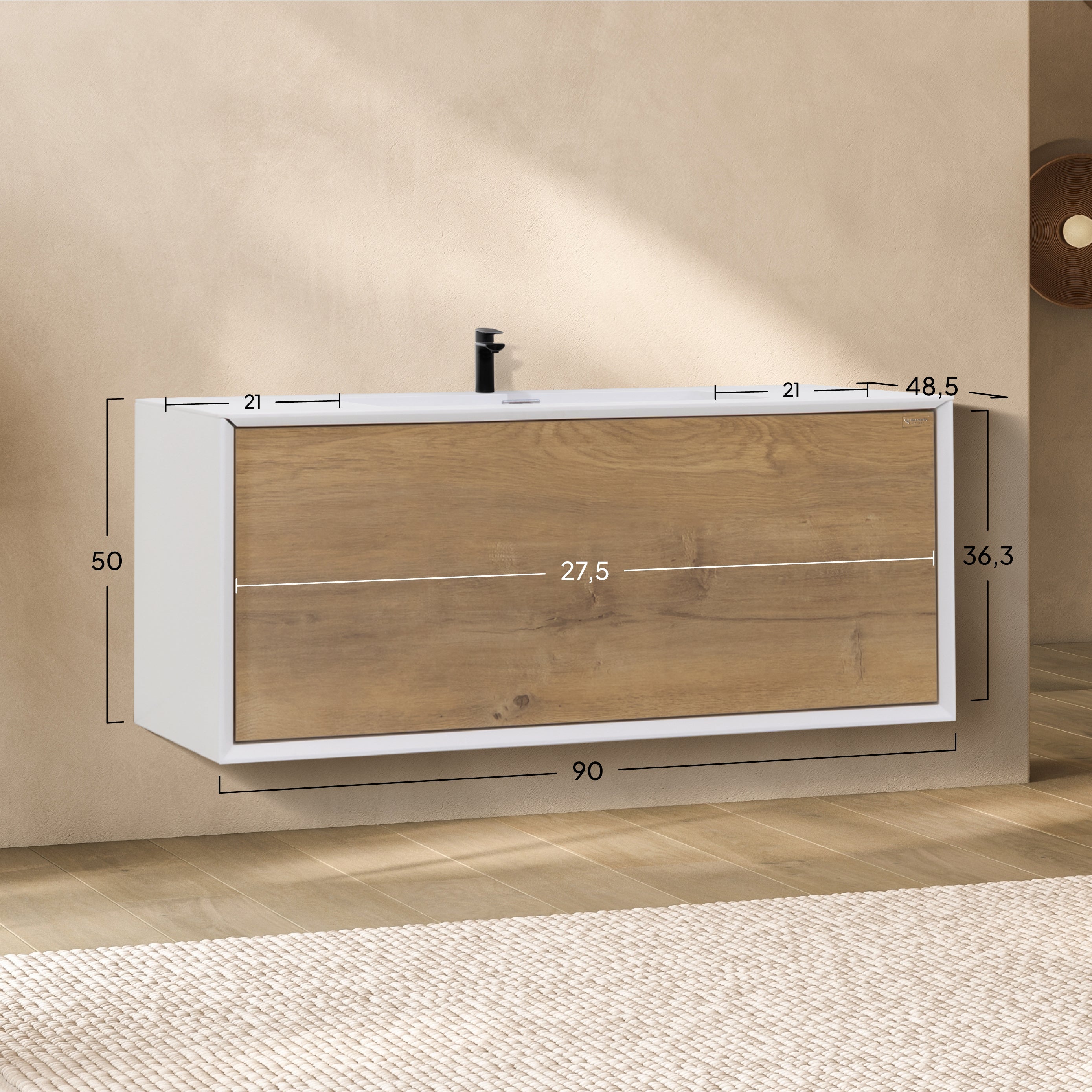 Hebe - Mueble de lavabo suspendido 90 cm blanco mate/roble con soft-close