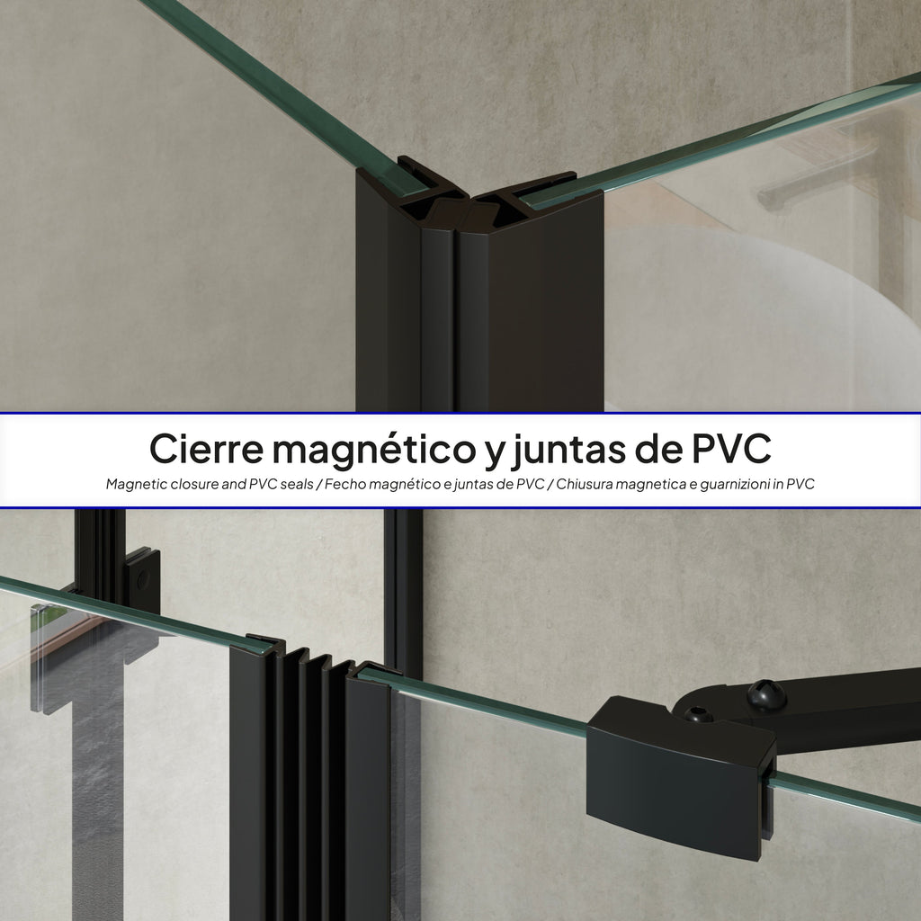CELINE - Cabine de duche de canto com portas articuladas em vidro temperado e perfis pretos