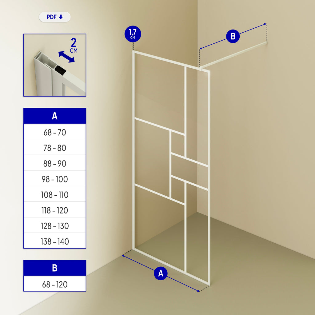 GIANNA - Panel de Ducha Walk-In en Vidrio Templado con Bloques, Perfil Blanco y Barra Estabilizadora