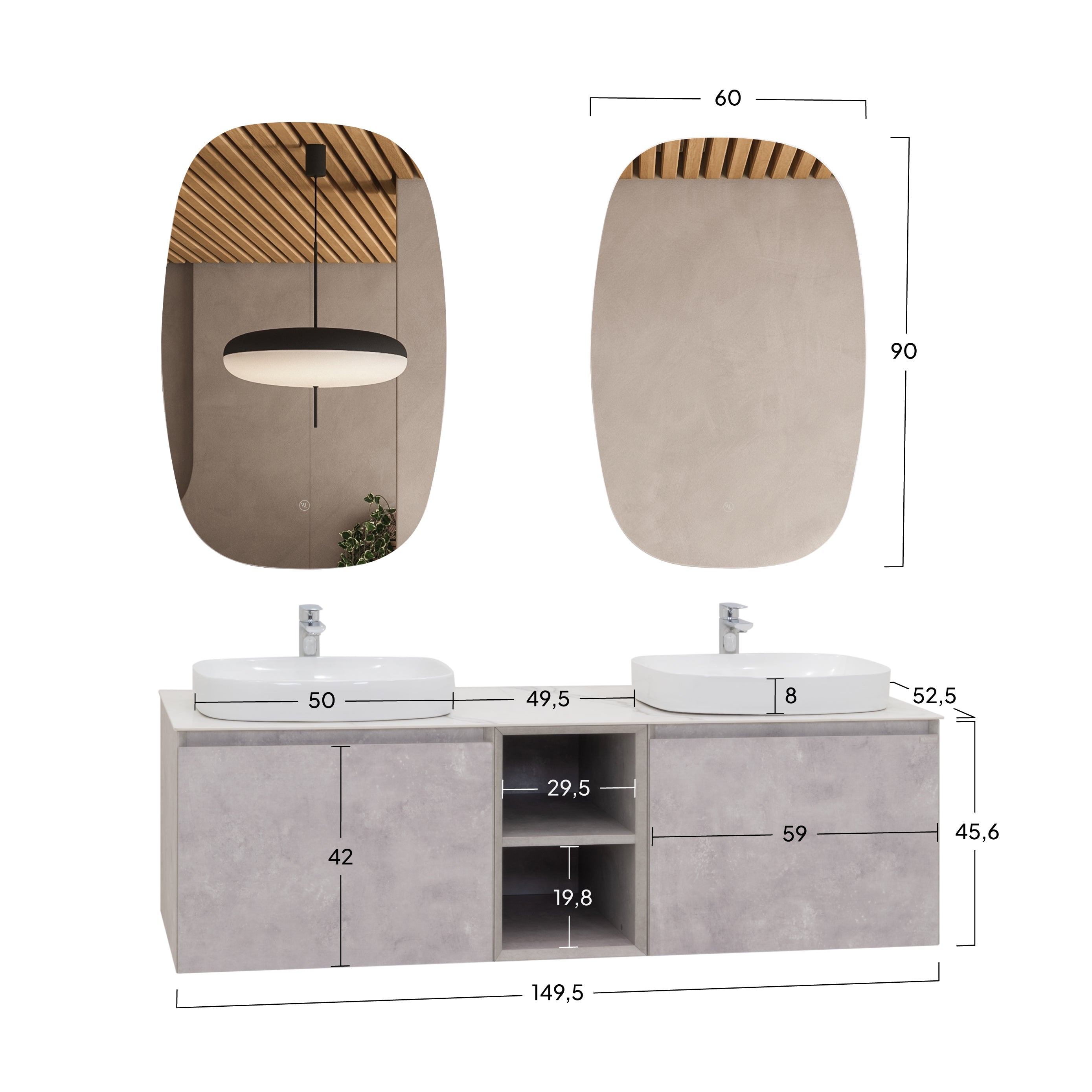 Indra - Conjunto de casa de banho suspenso duplo - Disponível em 150 cm