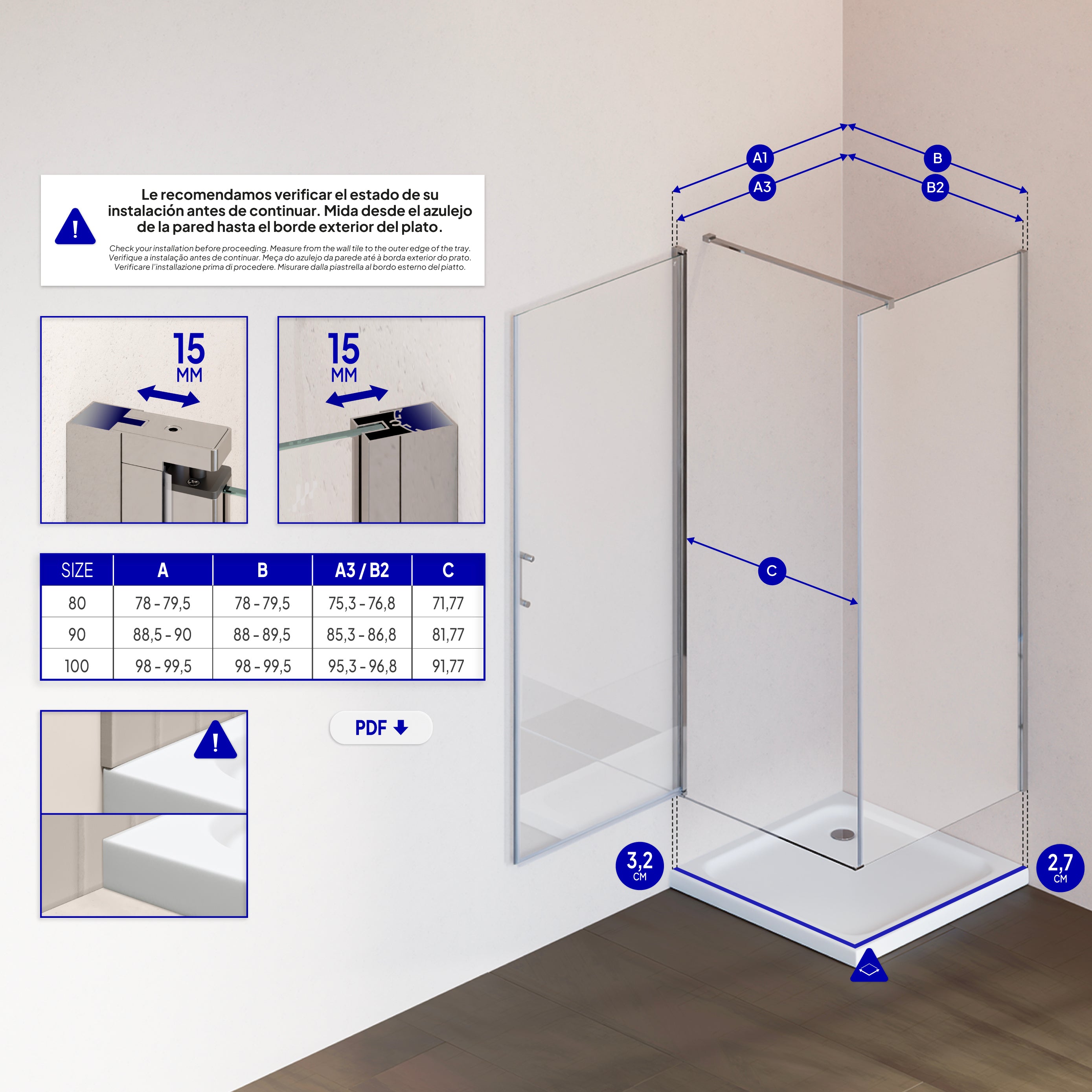 HELLEN - Cabina doccia frontale con porte battenti in vetro temperato e profili in alluminio