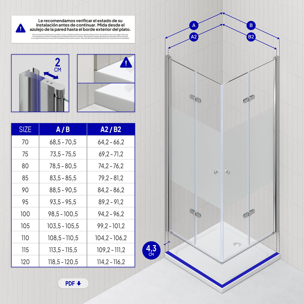 EMMA - Cabine de duche com vidro meio fosco 6mm - Portas articuladas e perfis em Inox