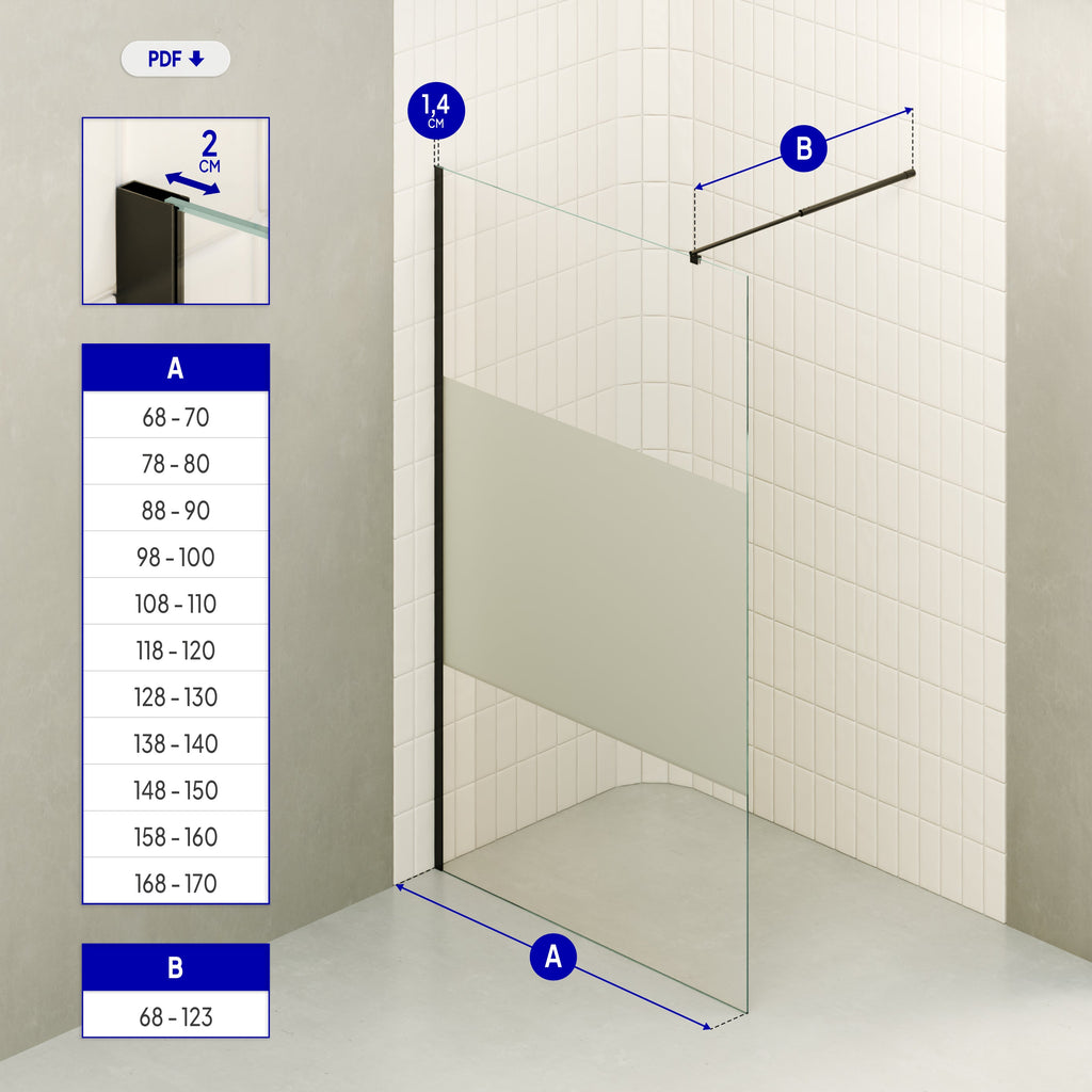 OLIVIA - Pannello Doccia Walk-In in Vetro Parzialmente Satinato 10 mm con Profilo e Barra Stabilizzatrice Nero