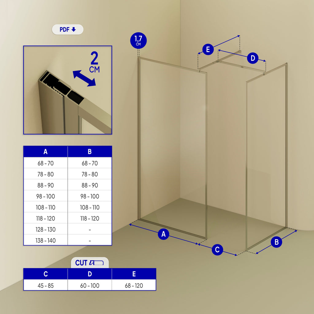 GIANNA - Panel de Ducha Walk-In con 2 Paneles en Vidrio Templado y Perfil Cromado con Barra Estabilizadora
