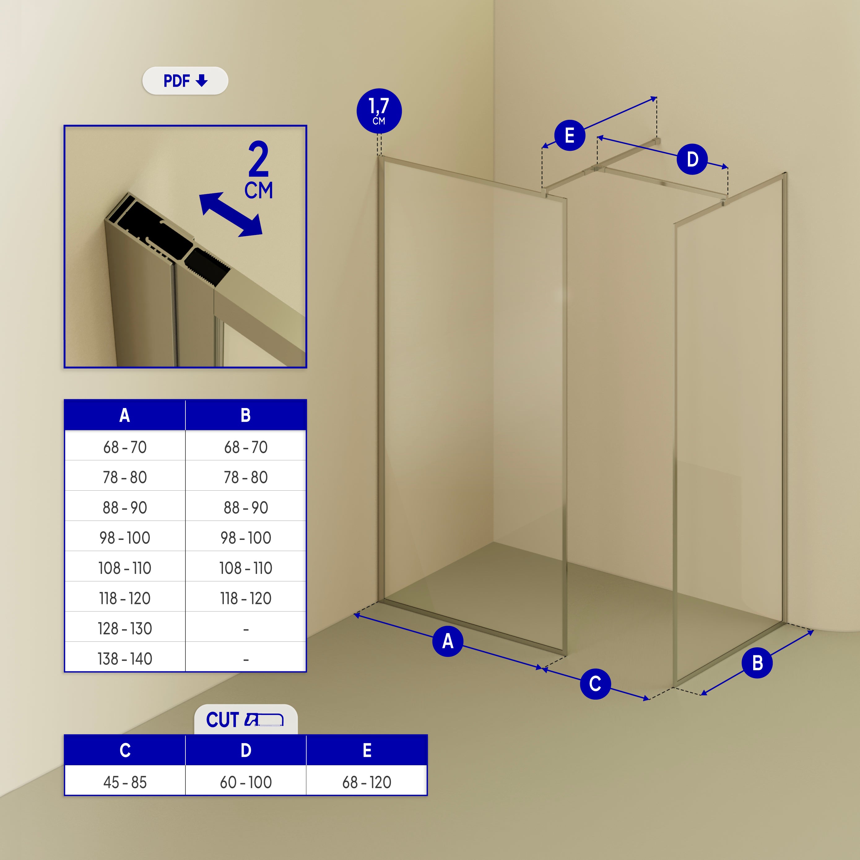 GIANNA - Panel de Ducha Walk-In con 2 Paneles en Vidrio Templado y Perfil Cromado con Barra Estabilizadora