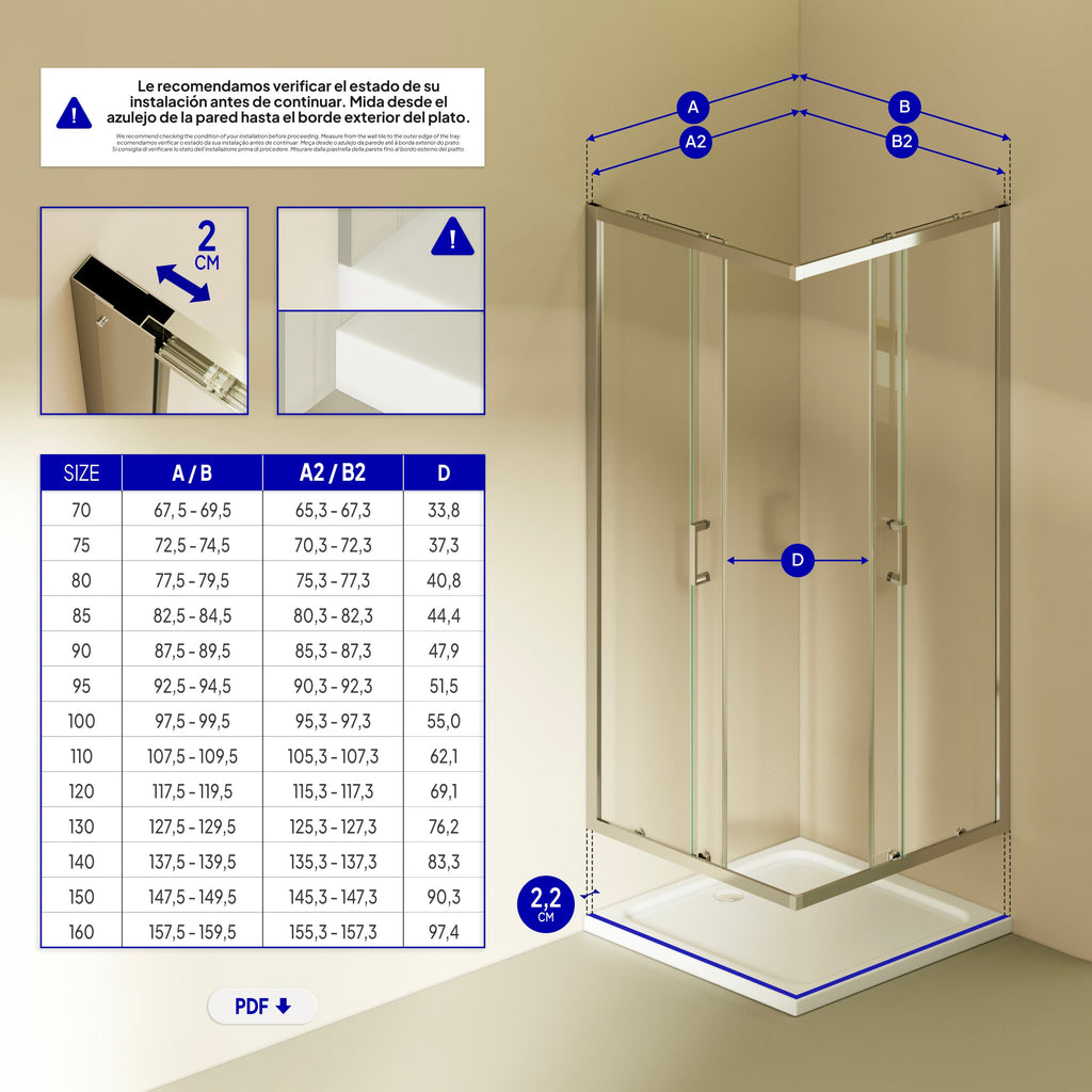 DIANA - Cabina de ducha de entrada en esquina con puertas correderas en vidrio templado