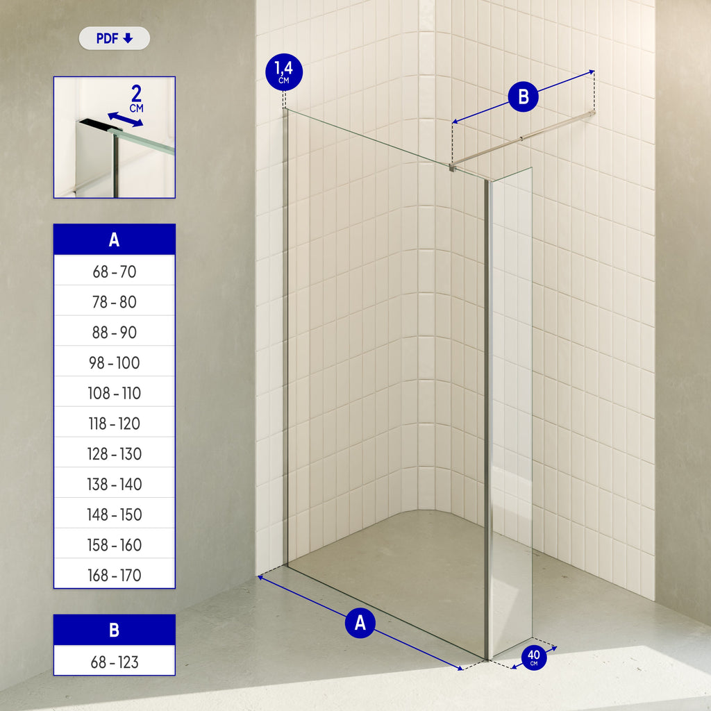 FIONA - Painel de duche walk-In com painel lateral giratório 40 cm em vidro transparente 10mm com perfil e barra estabilizadora cromado