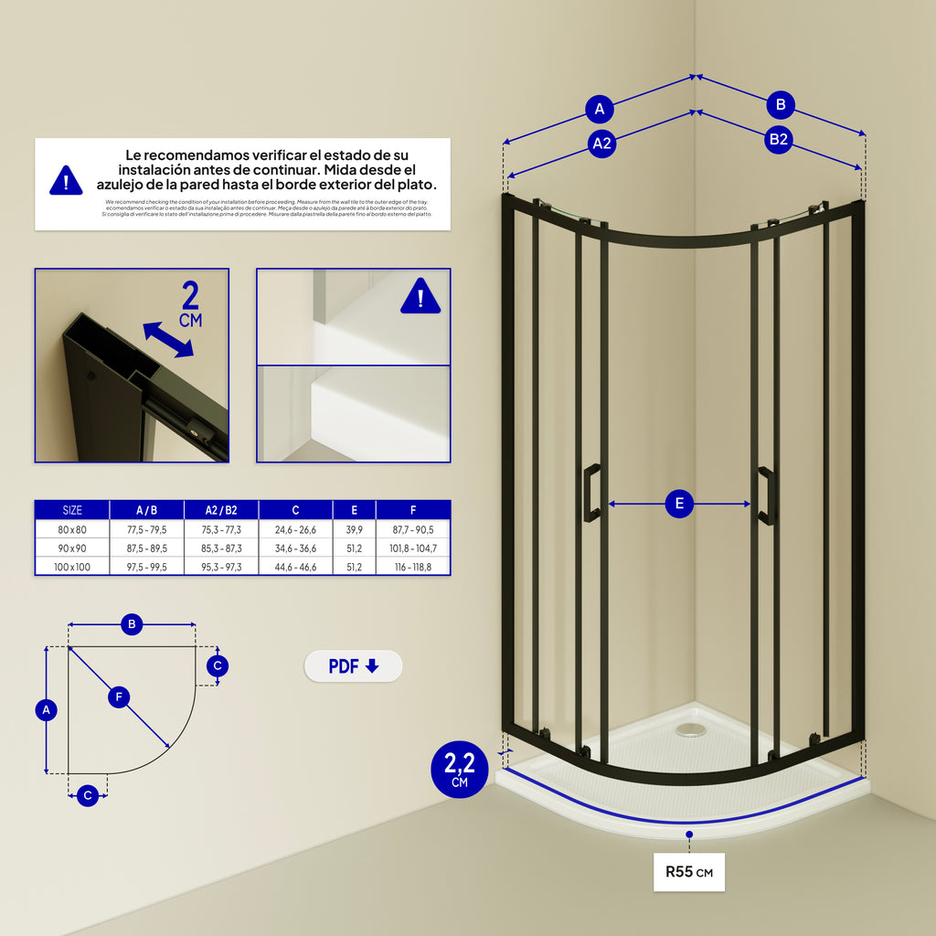 ELLA - Cabina de ducha de cuadrante en vidrio transparente, puertas correderas y perfiles en negro