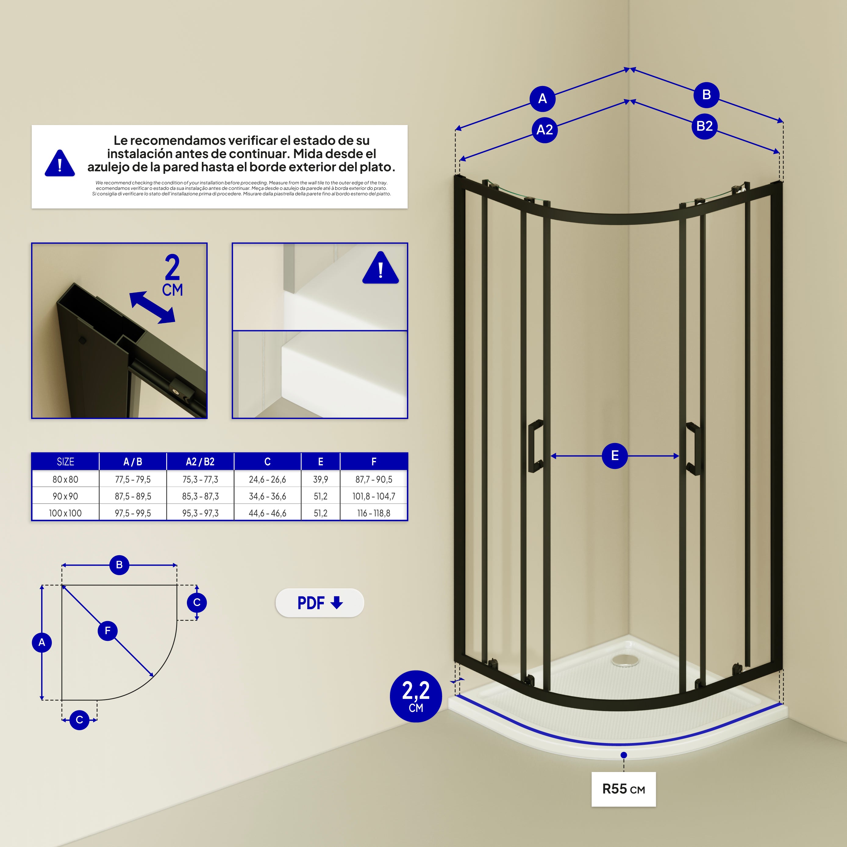 ELLA - Cabina de ducha de cuadrante en vidrio transparente, puertas correderas y perfiles en negro