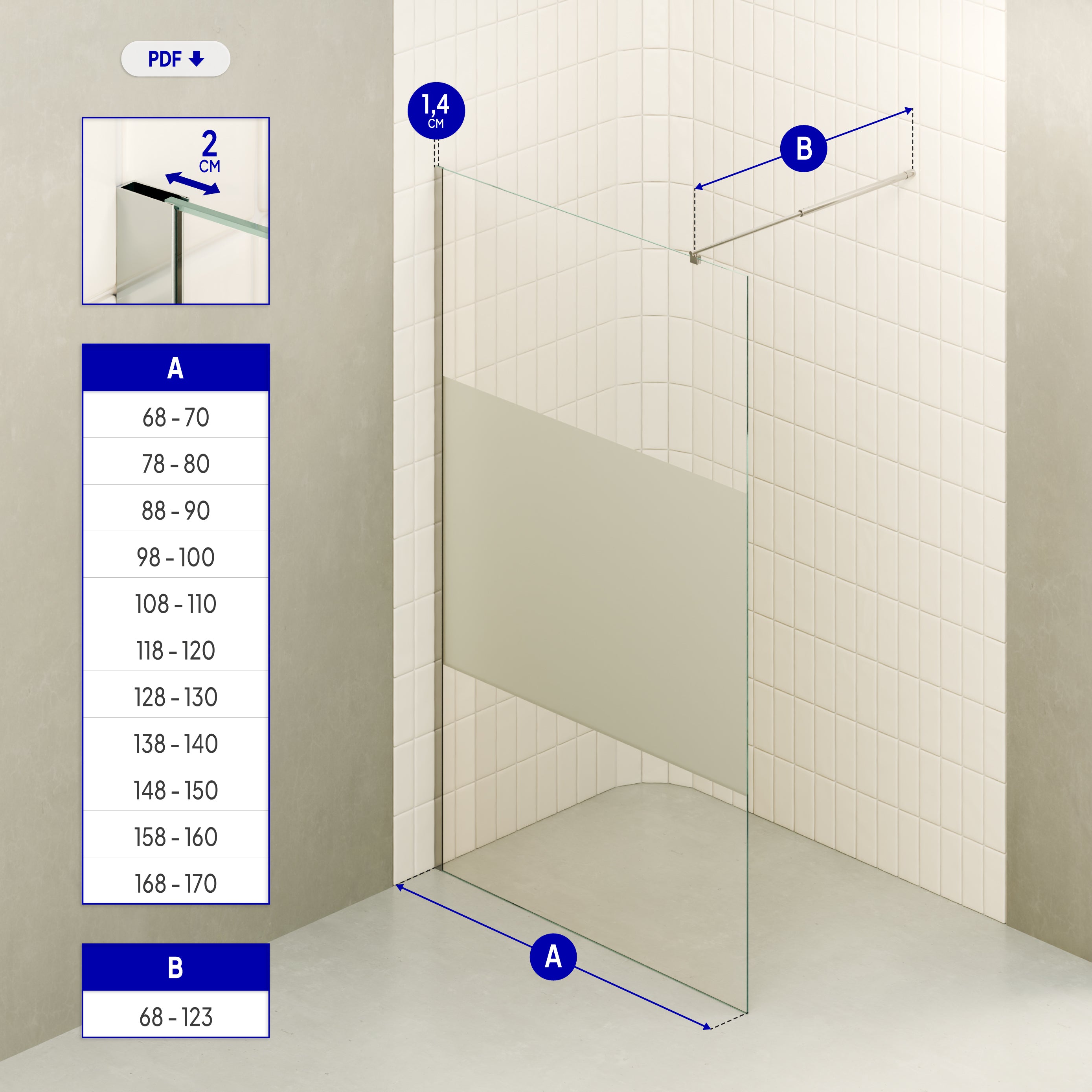 FIONA - Panel de Ducha Walk-In en Vidrio Parcialmente Esmerilado 10 mm con perfil y Barra Estabilizadora Cromado