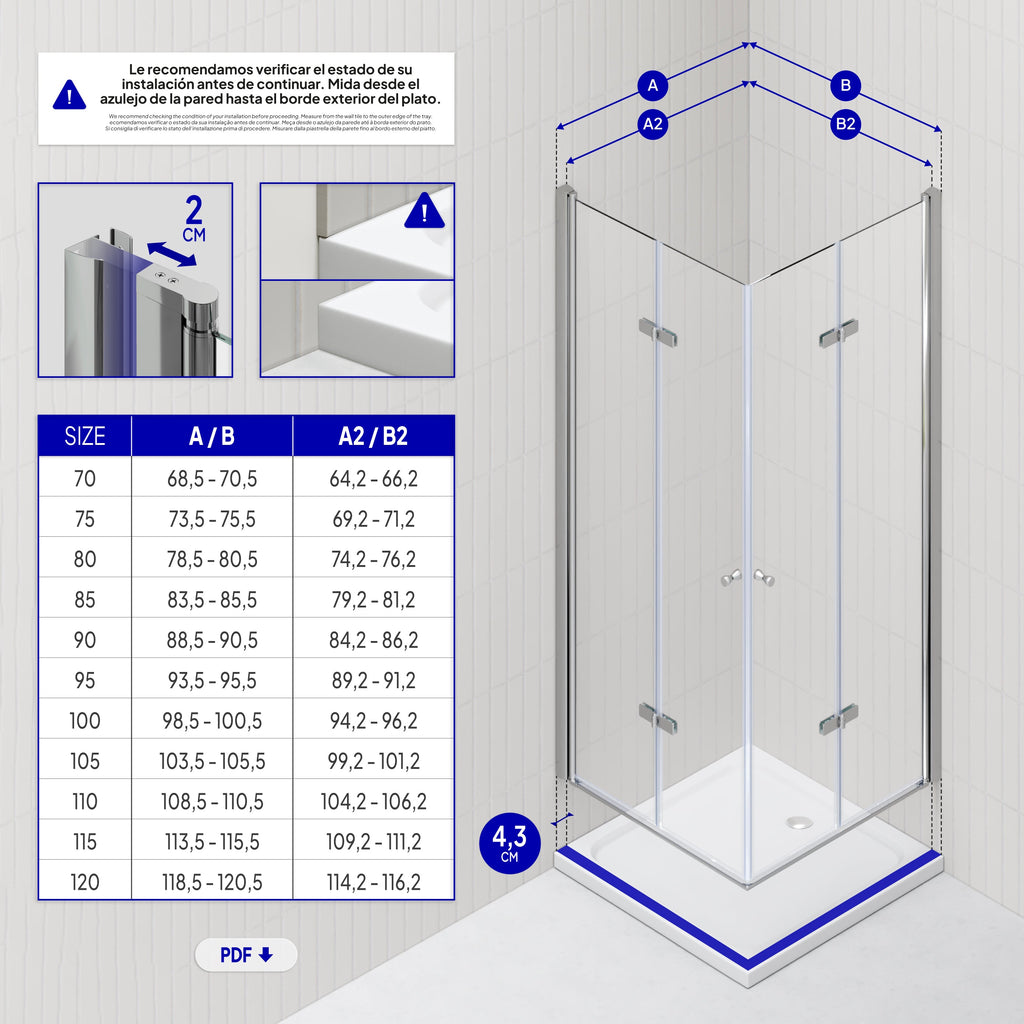 EMMA - Cabine de duche com vidro transparente 6mm - Portas articuladas e perfis em Inox