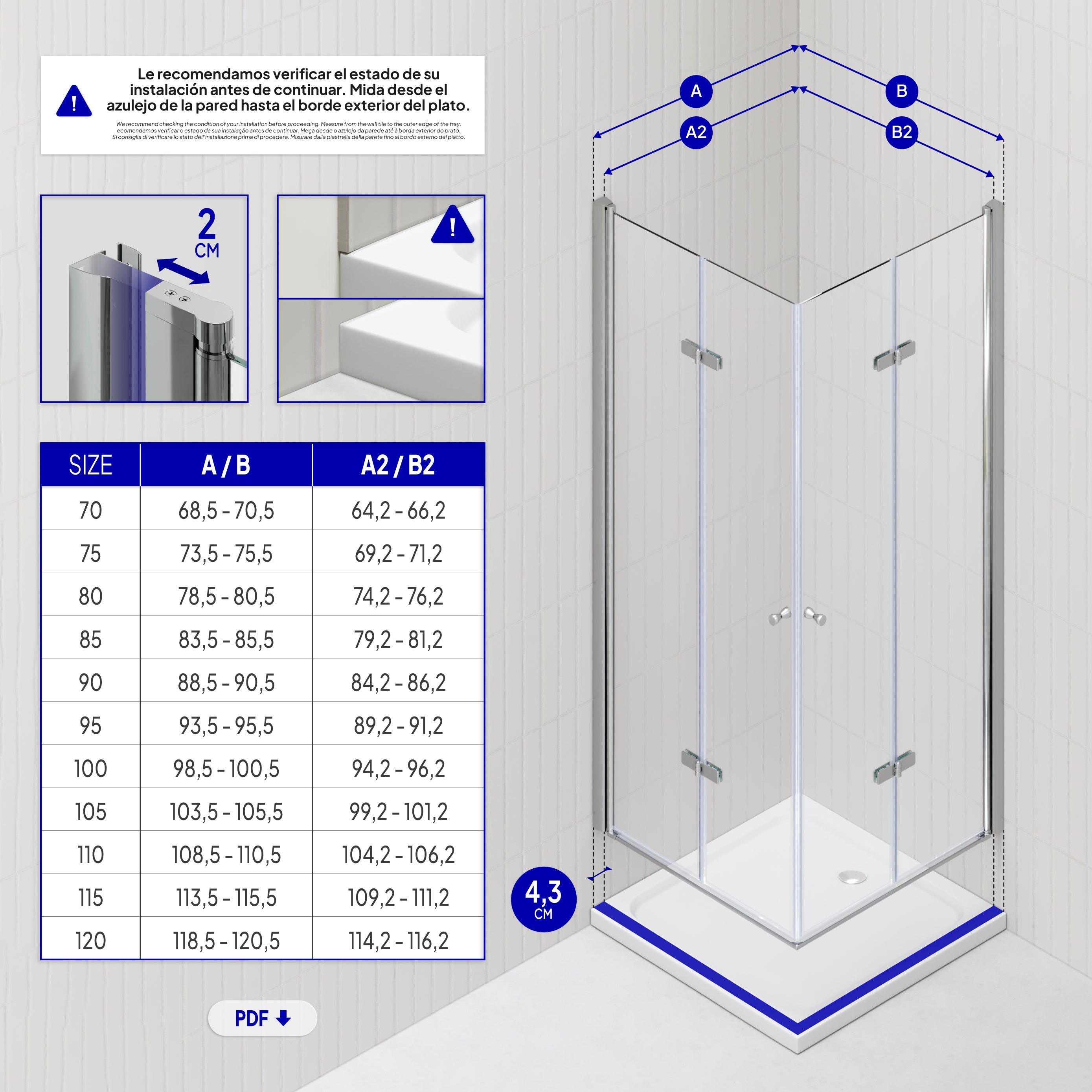 EMMA - Cabine de duche com vidro transparente 6mm - Portas articuladas e perfis em Inox