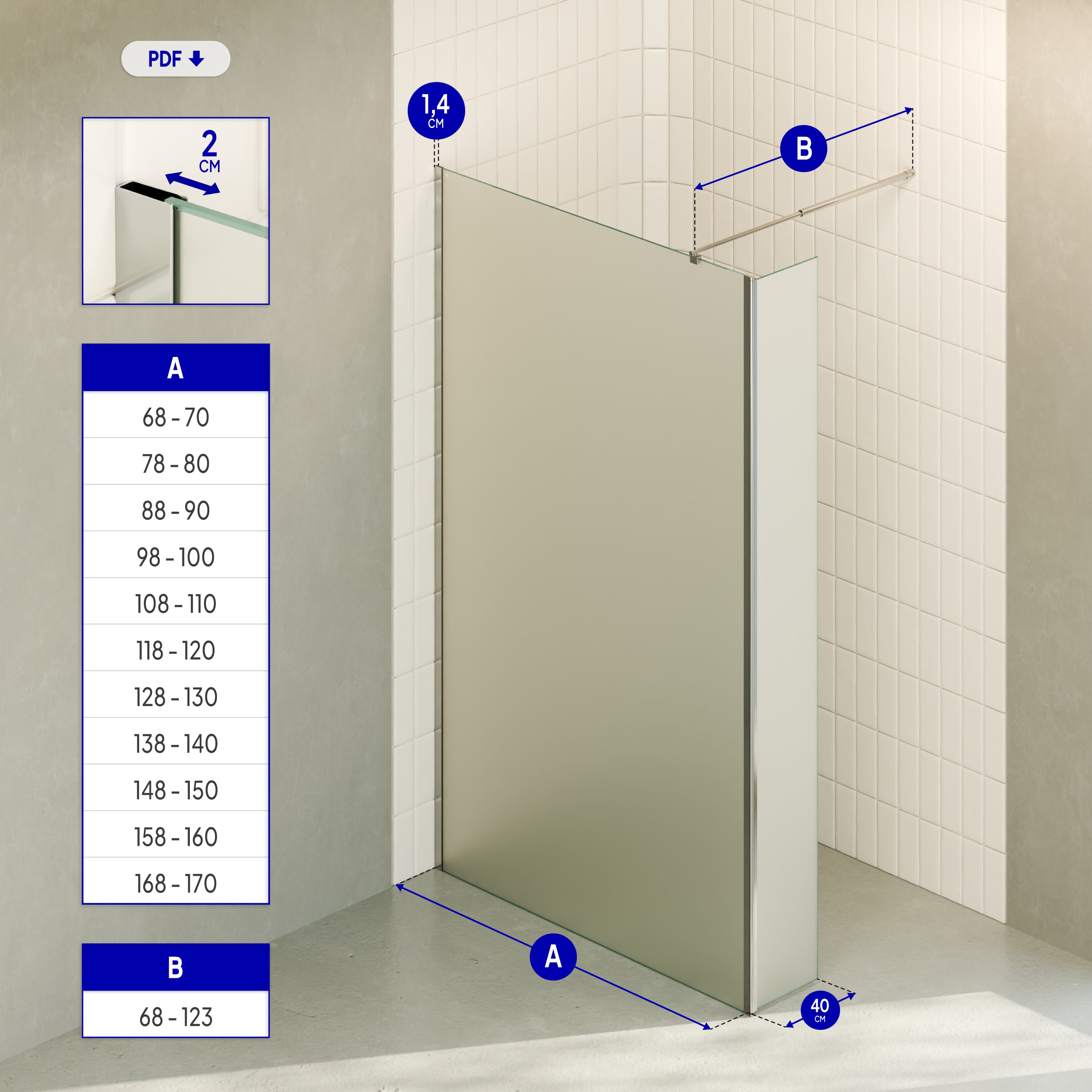 FIONA - Painel de duche walk-In com painel lateral giratório 40 cm em vidro satinado 10mm com perfil e barra estabilizadora cromado