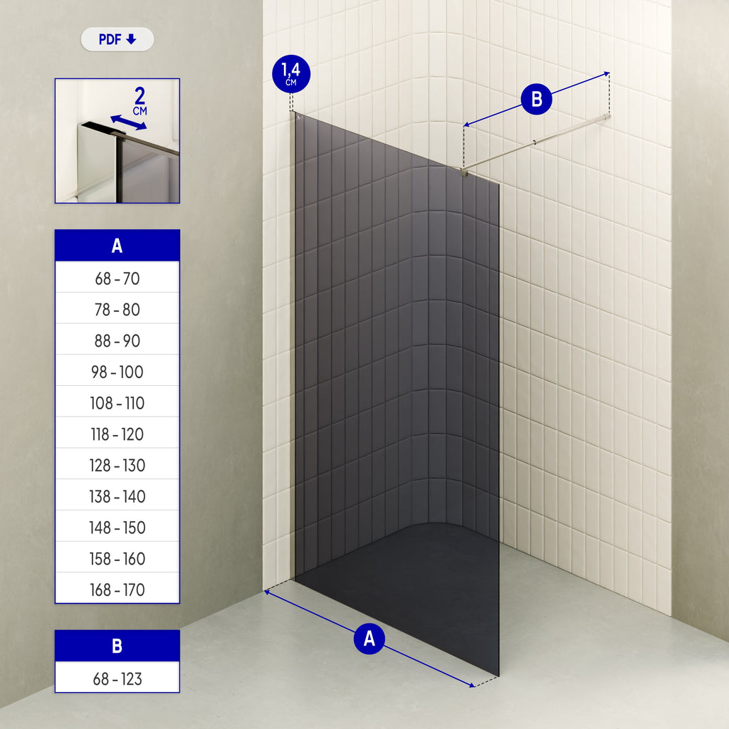 FIONA - Panel de ducha Walk-In en Vidrio Oscurecido 10 mm con perfil y Barra Estabilizadora Cromado