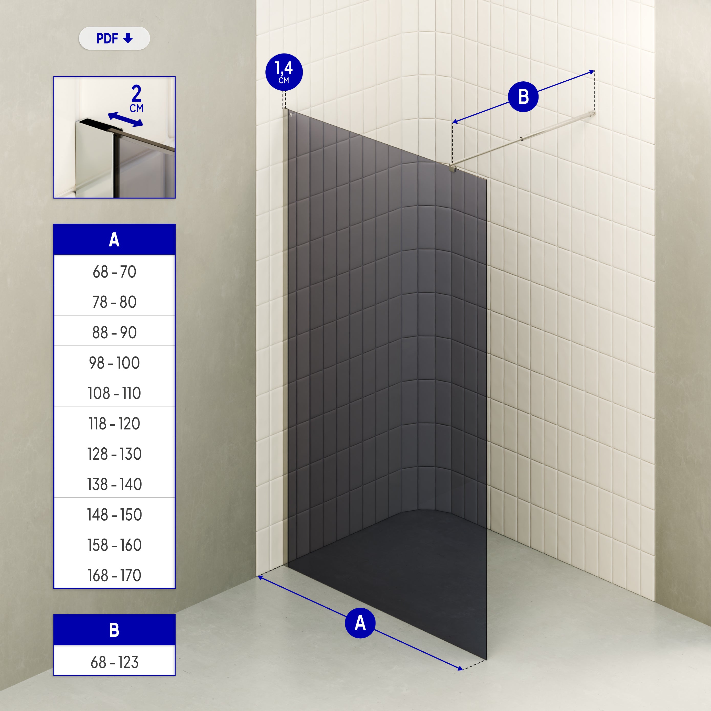 FIONA - Panel de ducha Walk-In en Vidrio Oscurecido 10 mm con perfil y Barra Estabilizadora Cromado