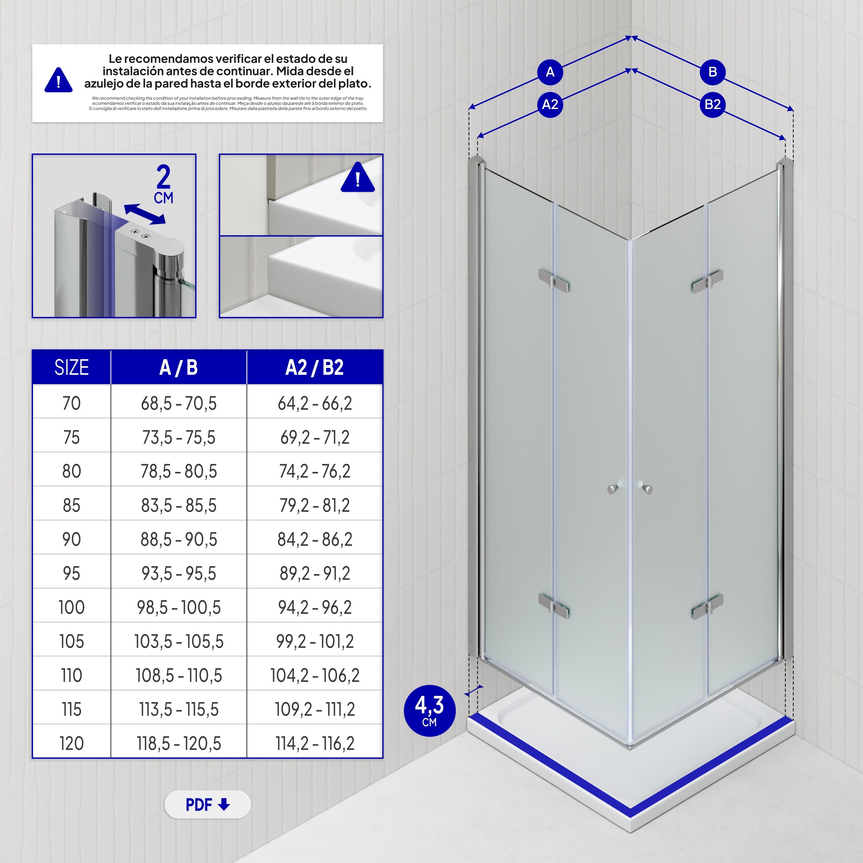 EMMA - Cabine de Duche com vidro fosco 6mm - Portas articuladas e perfis em inox