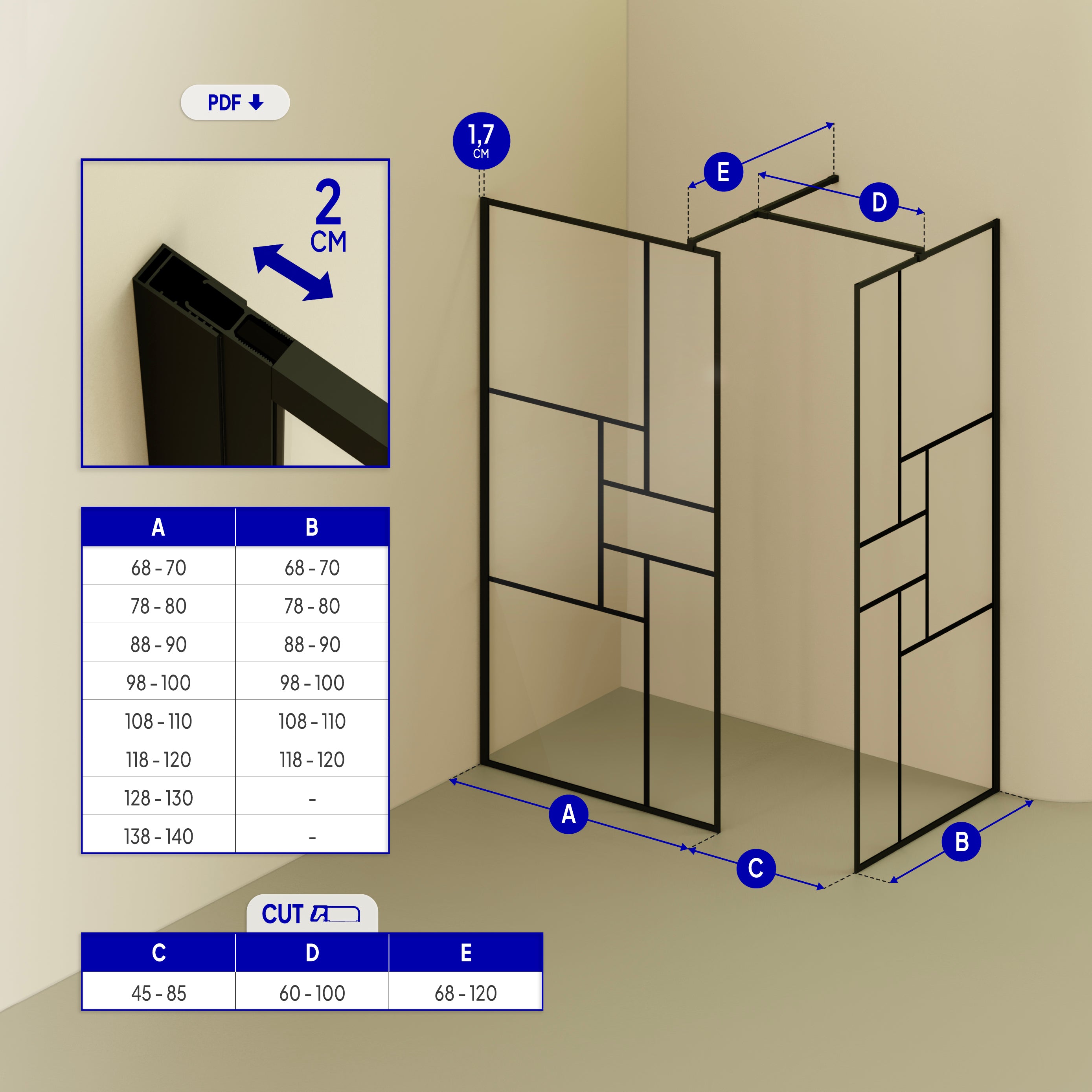 GIANNA – Painel de duche walk-In com 2 painéis em vidro temperado c/ blocos e perfil preto com barra estabilizadora