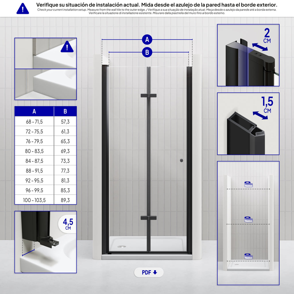 MILA - Puerta plegable en vidrio templado de 6 mm con perfiles negros - Varios tamaños