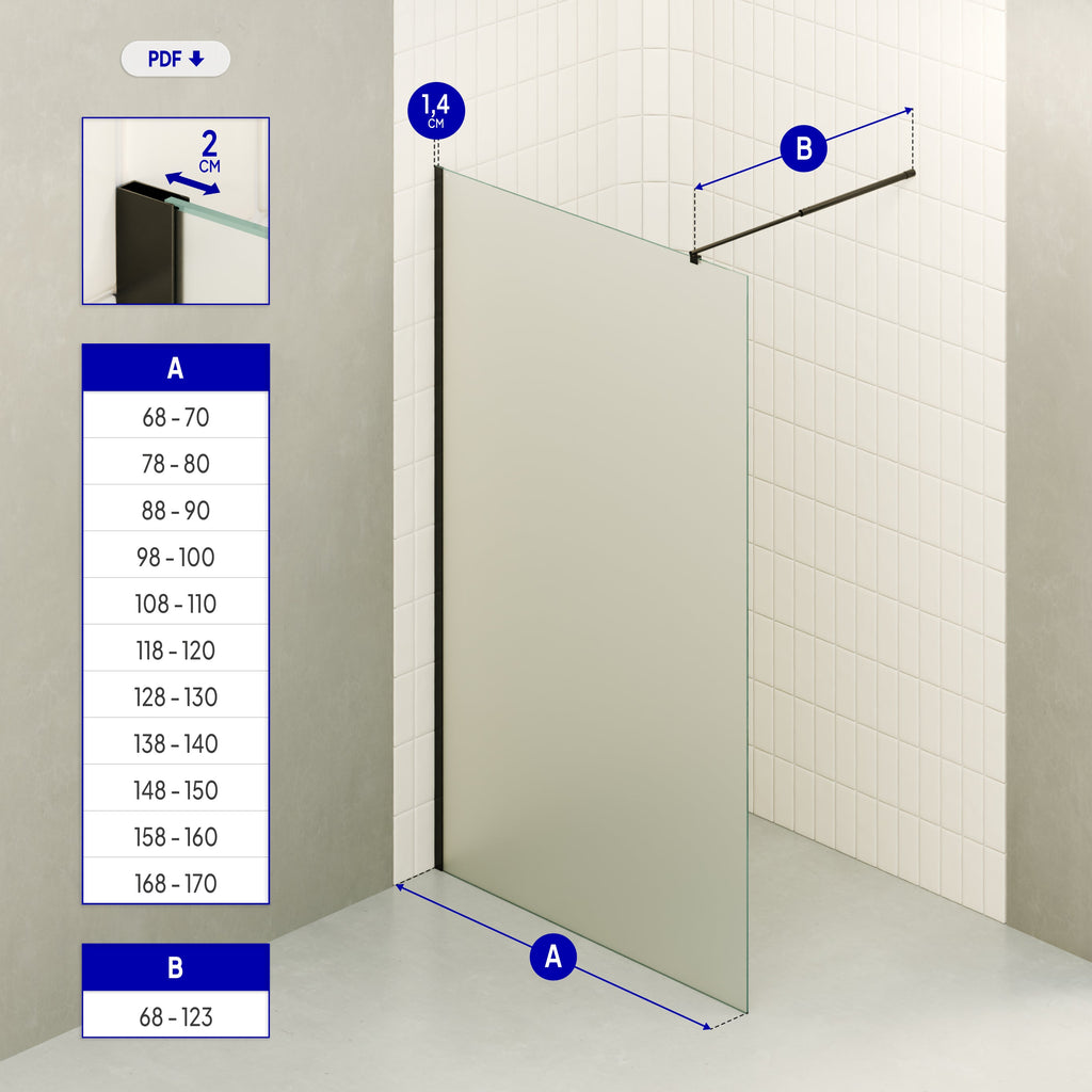 FIONA - Painel de duche walk-in em vidro fosco 10mm com perfil e barra estabilizadora preto