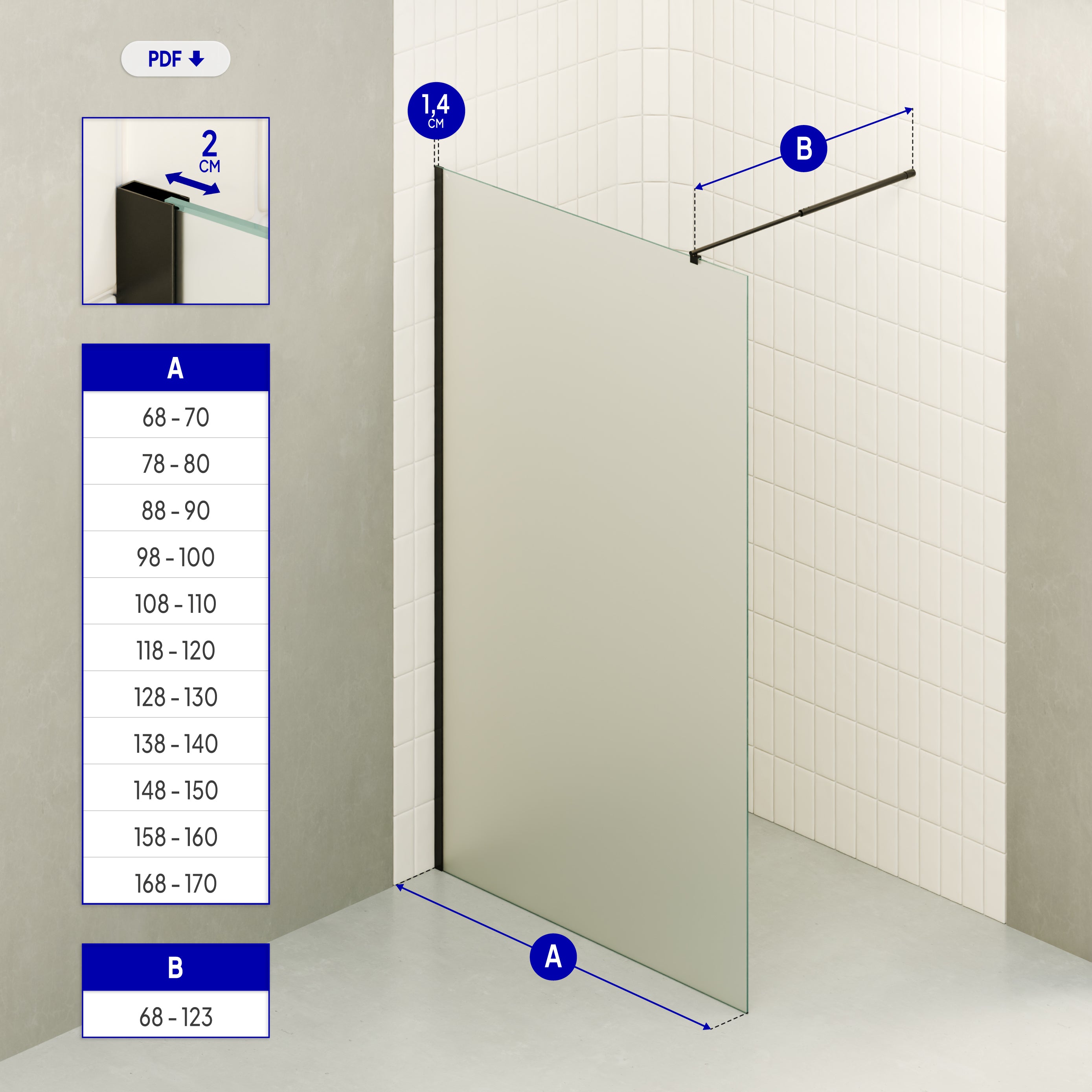 FIONA - Painel de duche walk-in em vidro fosco 10mm com perfil e barra estabilizadora preto
