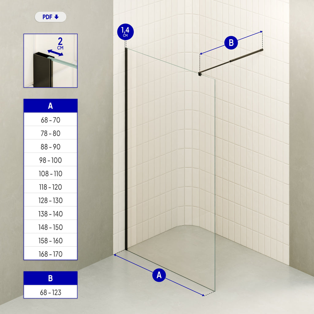 FIONA - Panel de ducha walk-in de vidrio transparente de 10 mm con perfil y barra estabilizadora negros