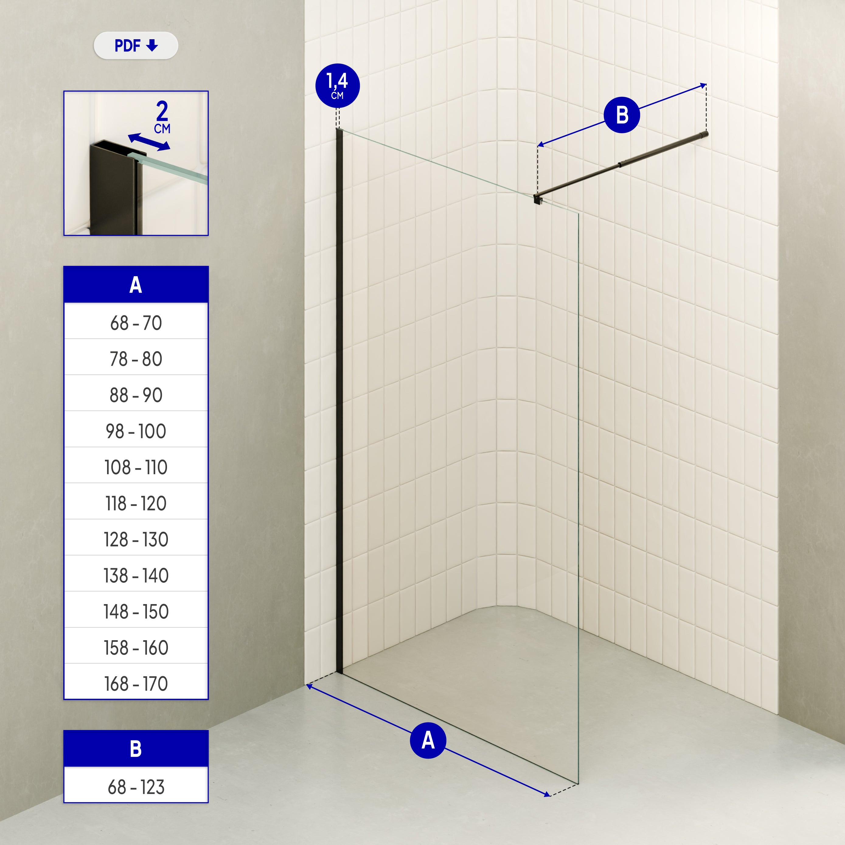 FIONA - Panel de ducha walk-in de vidrio transparente de 10 mm con perfil y barra estabilizadora negros