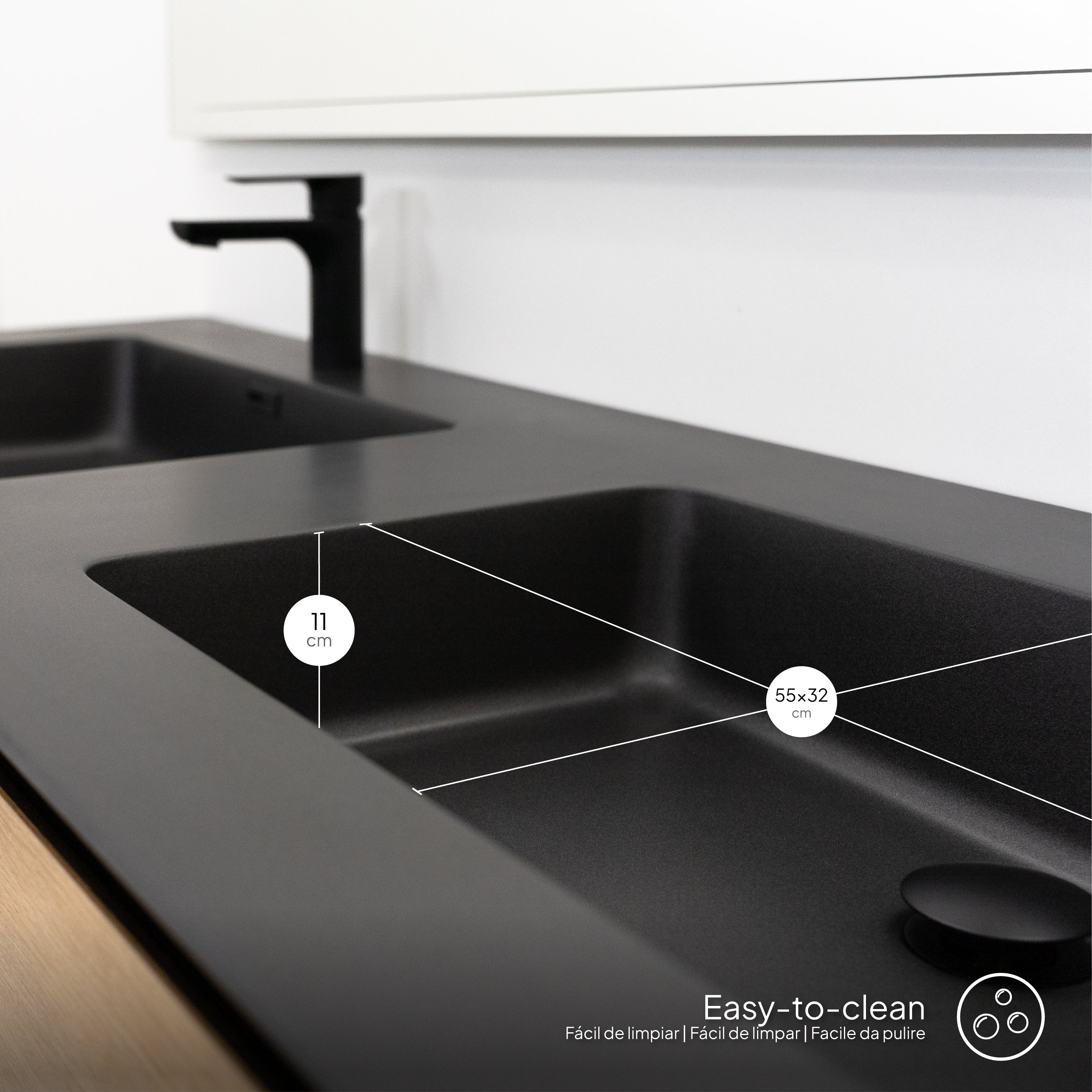 Fidia – Móvel de lavatório duplo suspenso Preto/Carvalho | 150 ou 190 cm