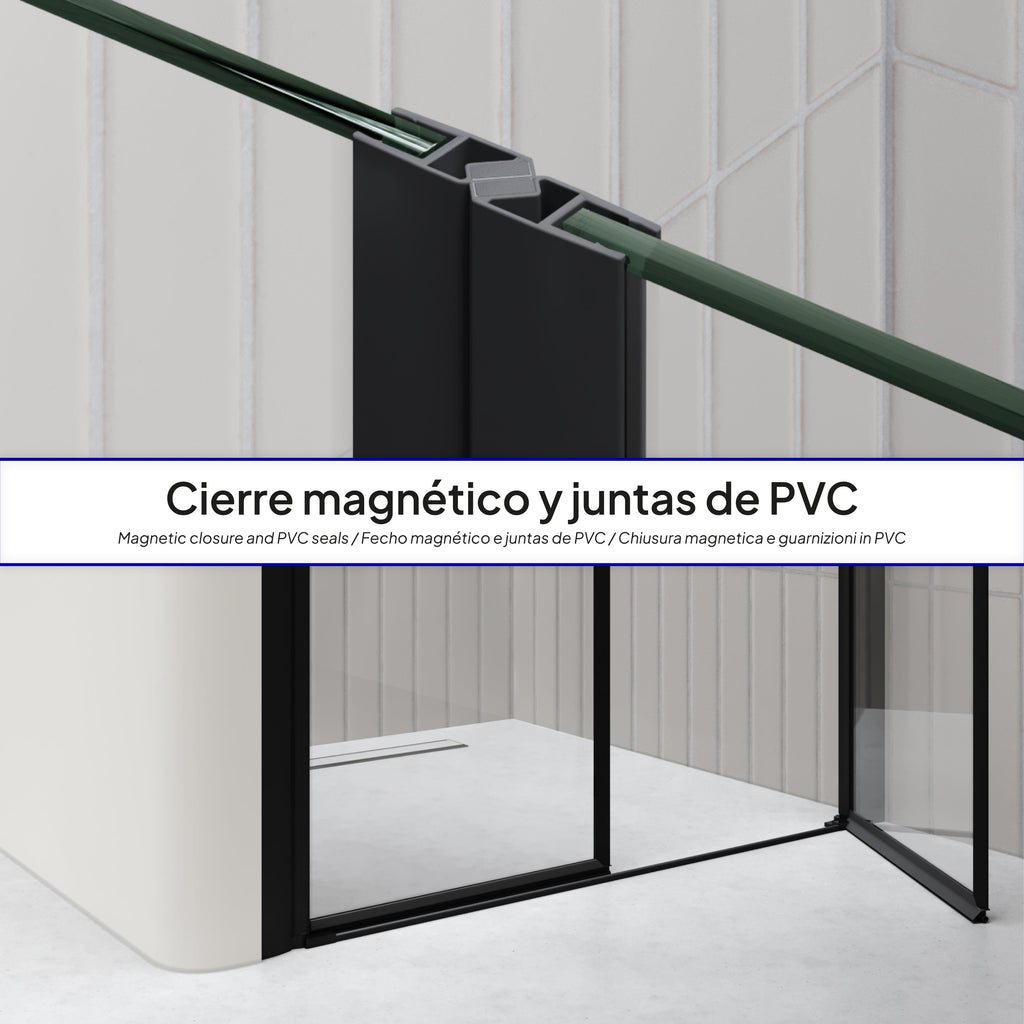 LIMA - Frontal de ducha en vidrio templado transparente de 6 mm, puertas batientes y perfiles negros