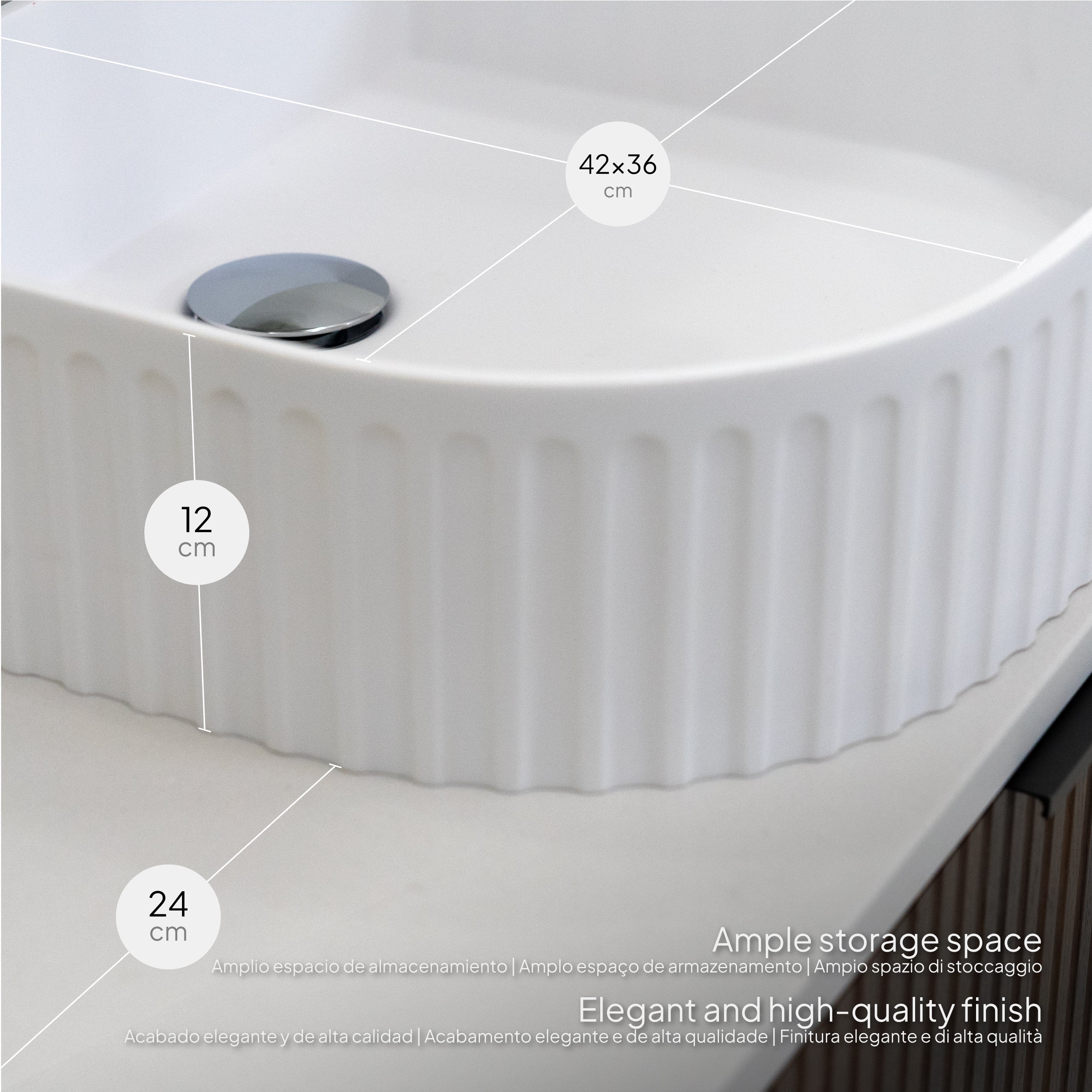 Maia - Mueble de lavabo suspendido con cajones soft-close | 90 cm | Blanco acanalado