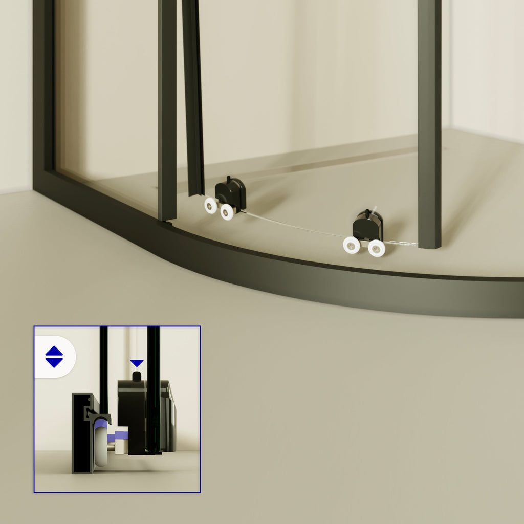 ELLA - Cabina de ducha de cuadrante con vidrio transparente, líneas negras y puertas correderas