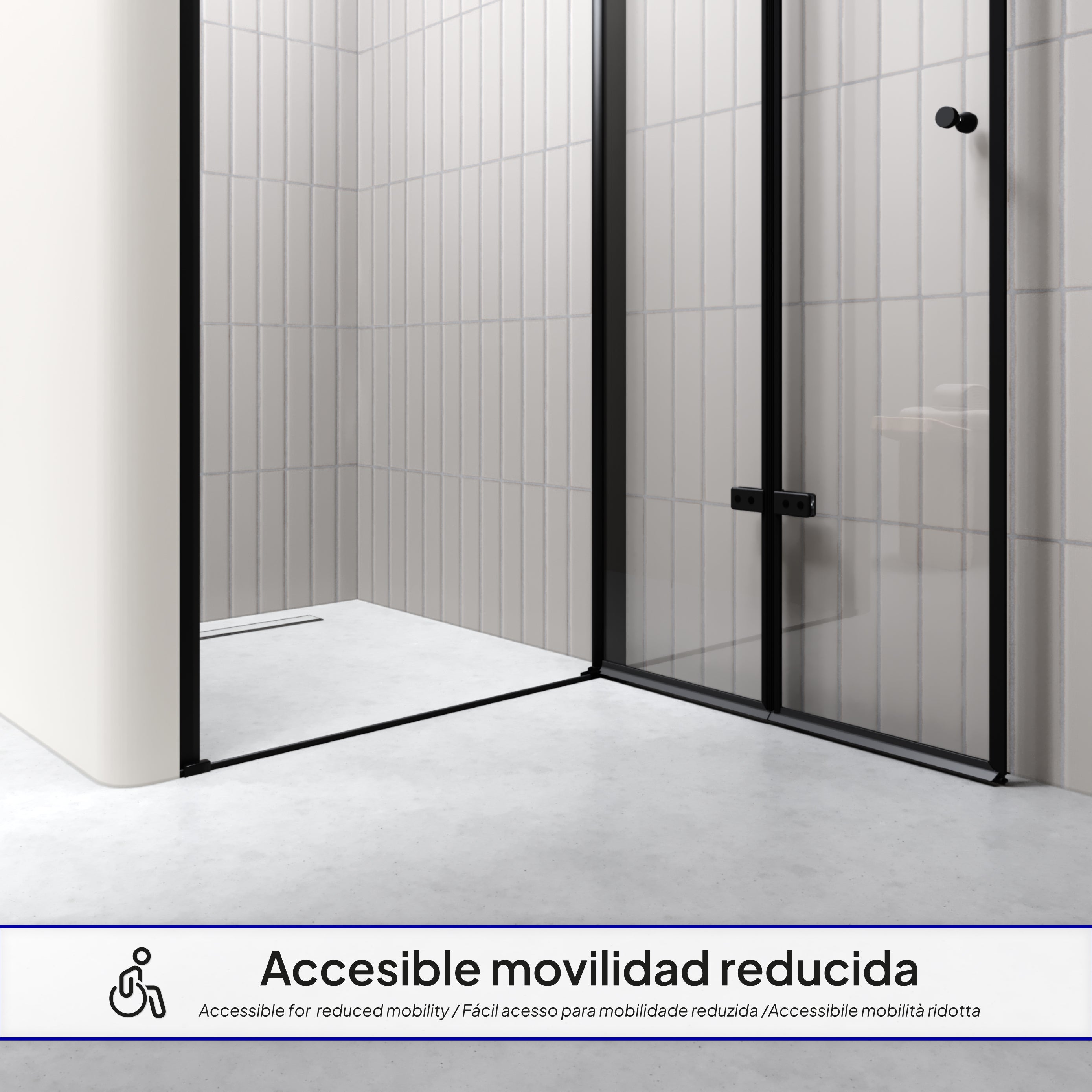 MILA - Puerta plegable en vidrio templado de 6 mm con perfiles negros - Varios tamaños