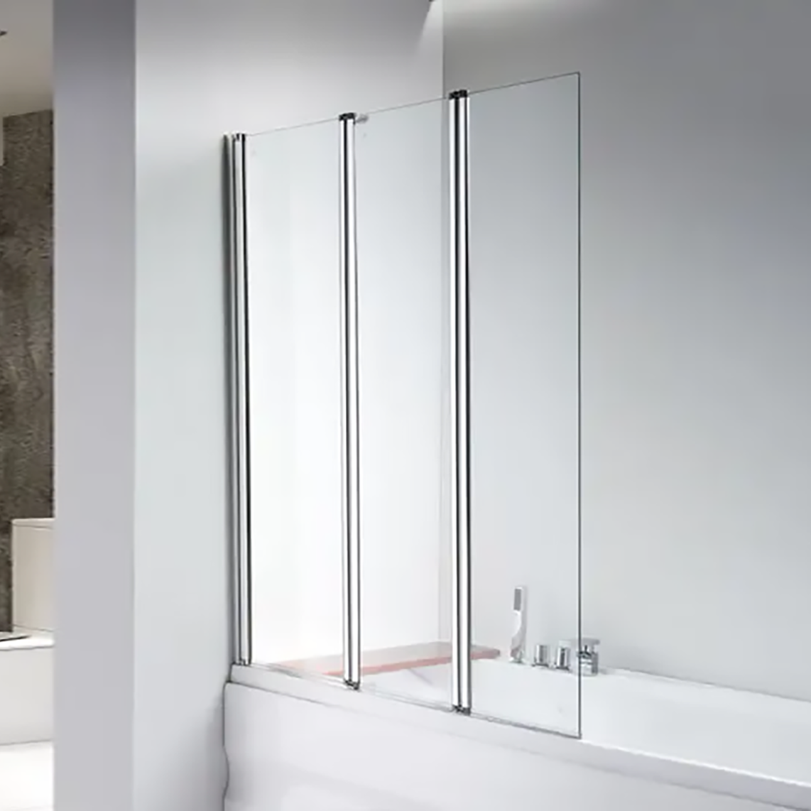 PETRA | Mampara de bañera con 3 paneles abatibles, perfiles cromados y vidrio templado transparente 6 mm ESG Nano