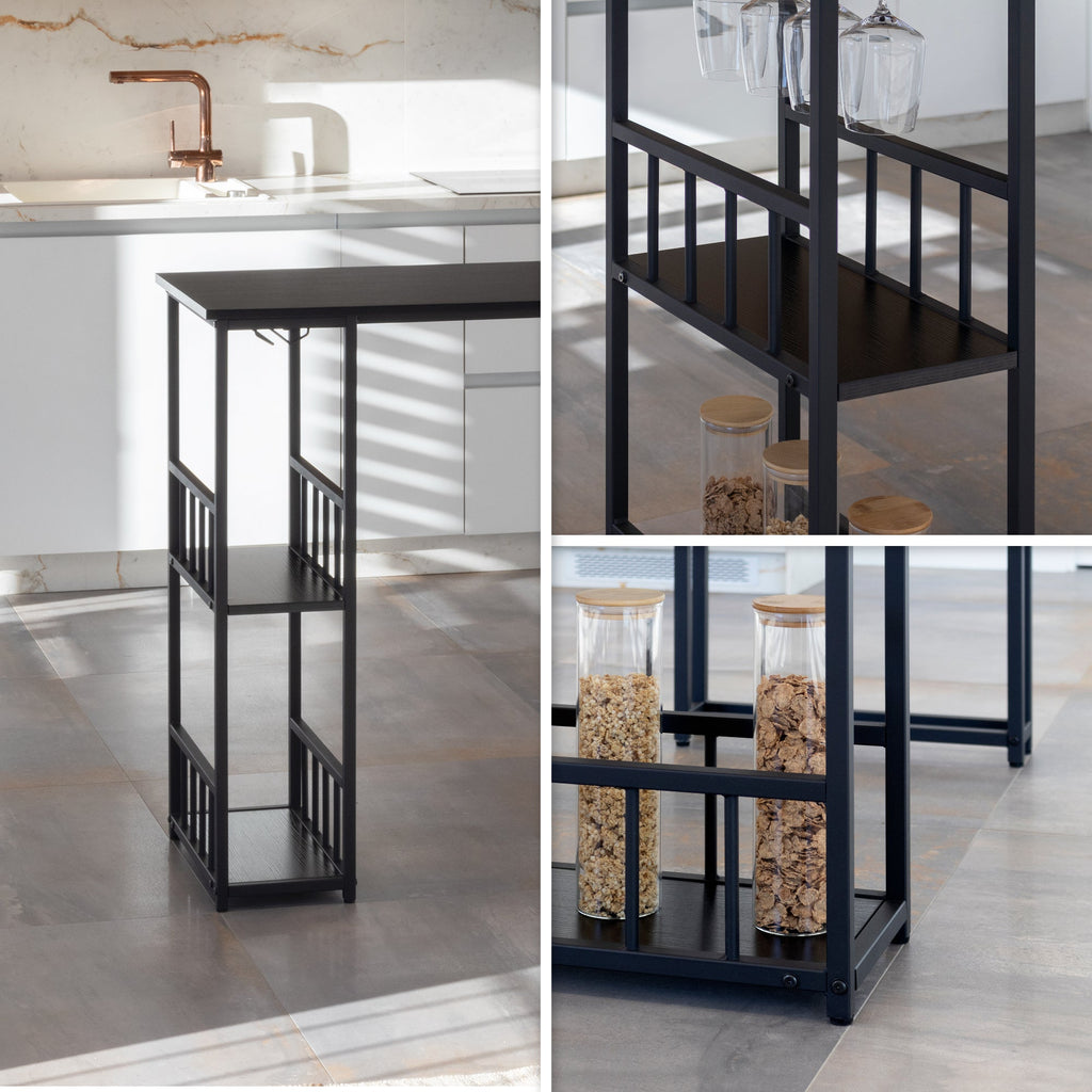 GAVIN - Mesa de bar 110x50 cm, altura 105 cm, con 2 estantes y portacopas, estructura de acero, estilo industrial, negro