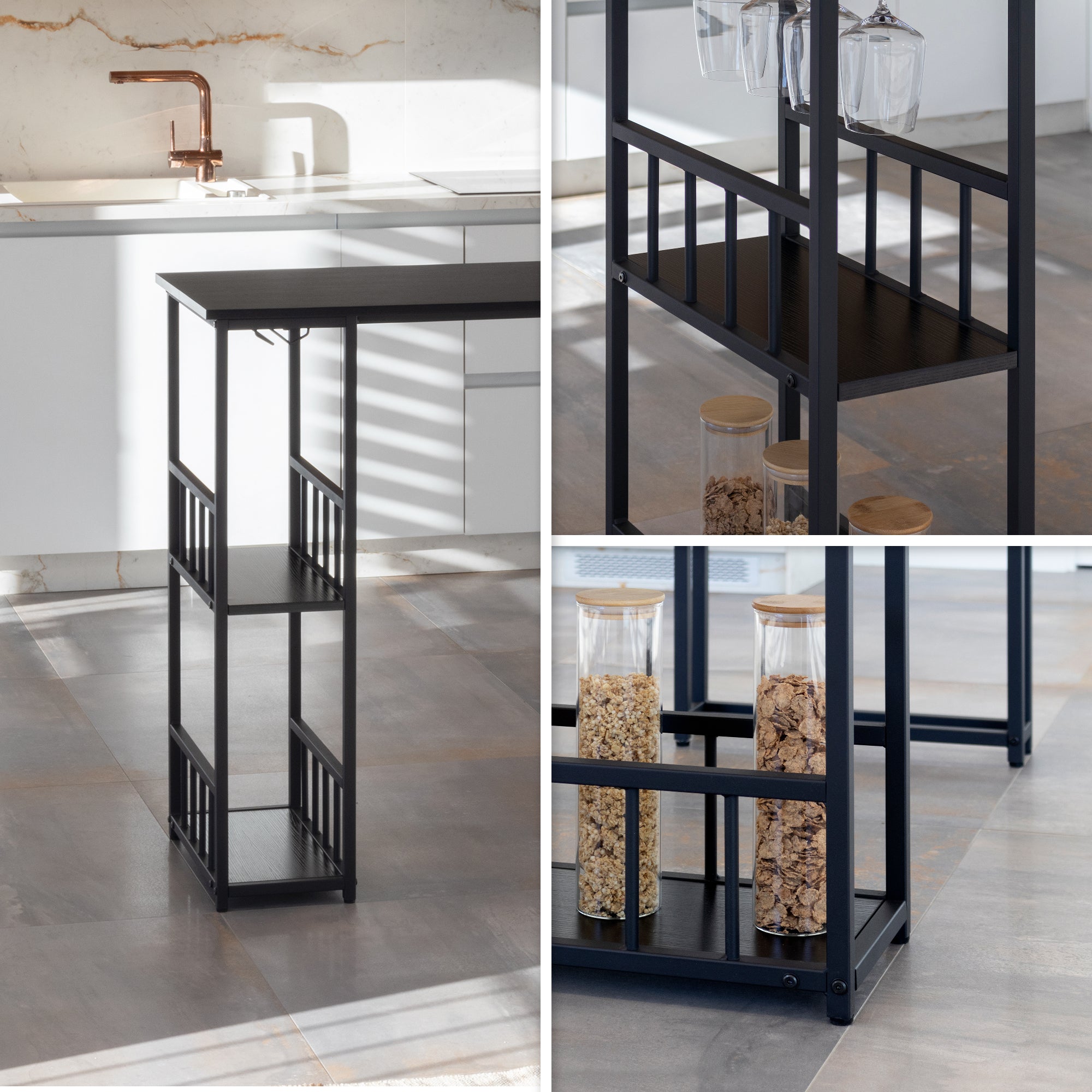 GAVIN - Mesa de bar 110x50 cm, altura 105 cm, con 2 estantes y portacopas, estructura de acero, estilo industrial, negro