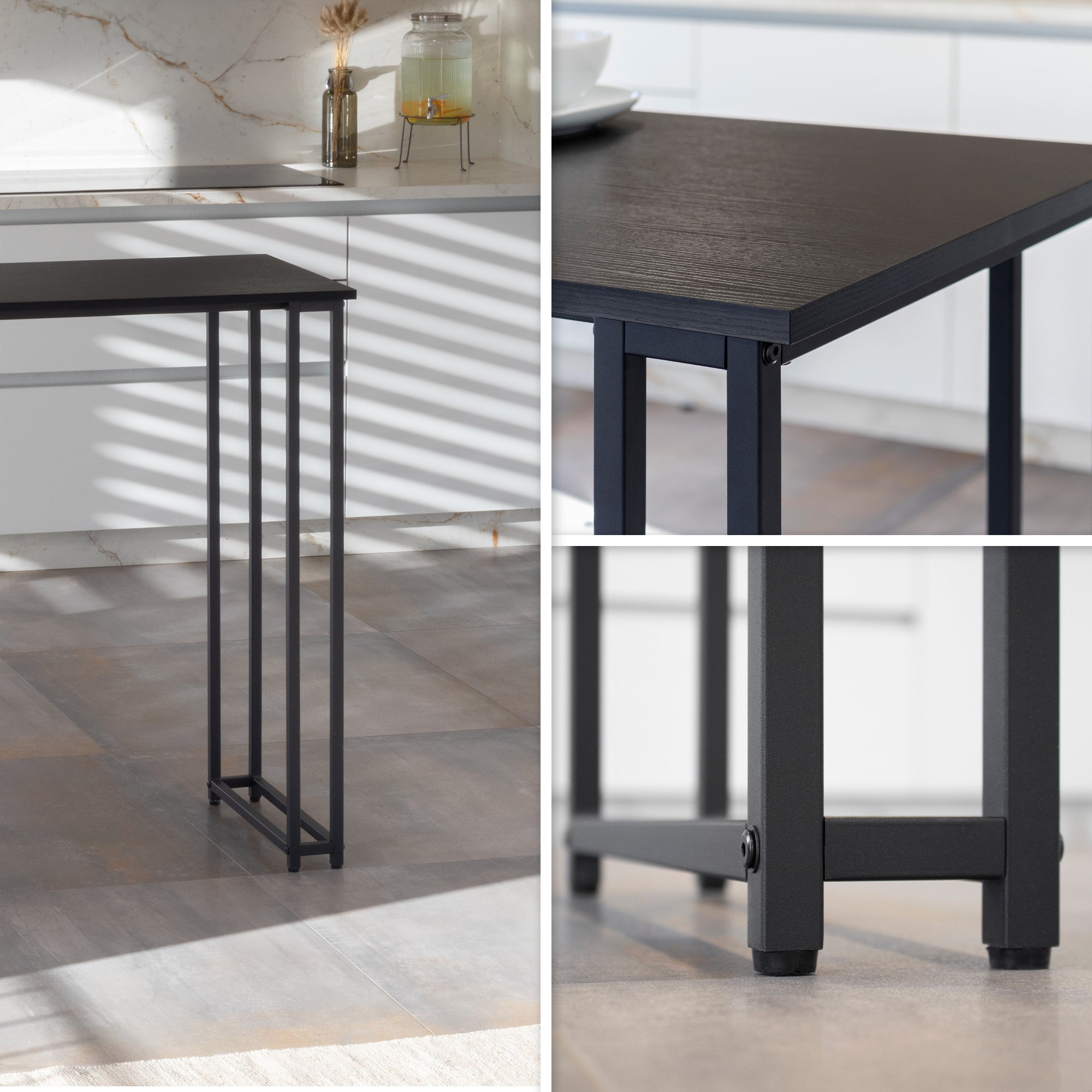 GAVIN - Mesa de bar 110x50 cm, altura 105 cm, con 2 estantes y portacopas, estructura de acero, estilo industrial, negro