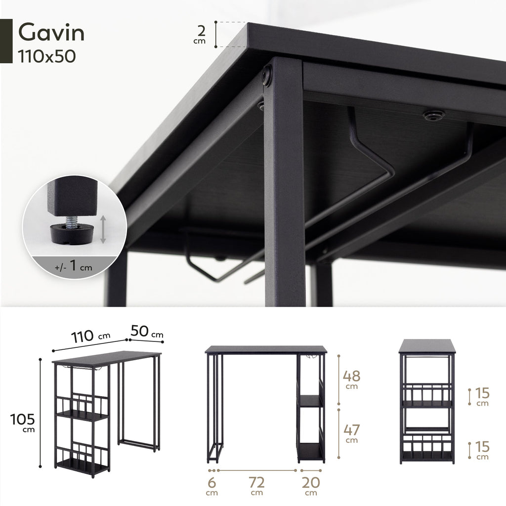 GAVIN - Mesa de bar 110x50 cm, altura 105 cm, con 2 estantes y portacopas, estructura de acero, estilo industrial, negro