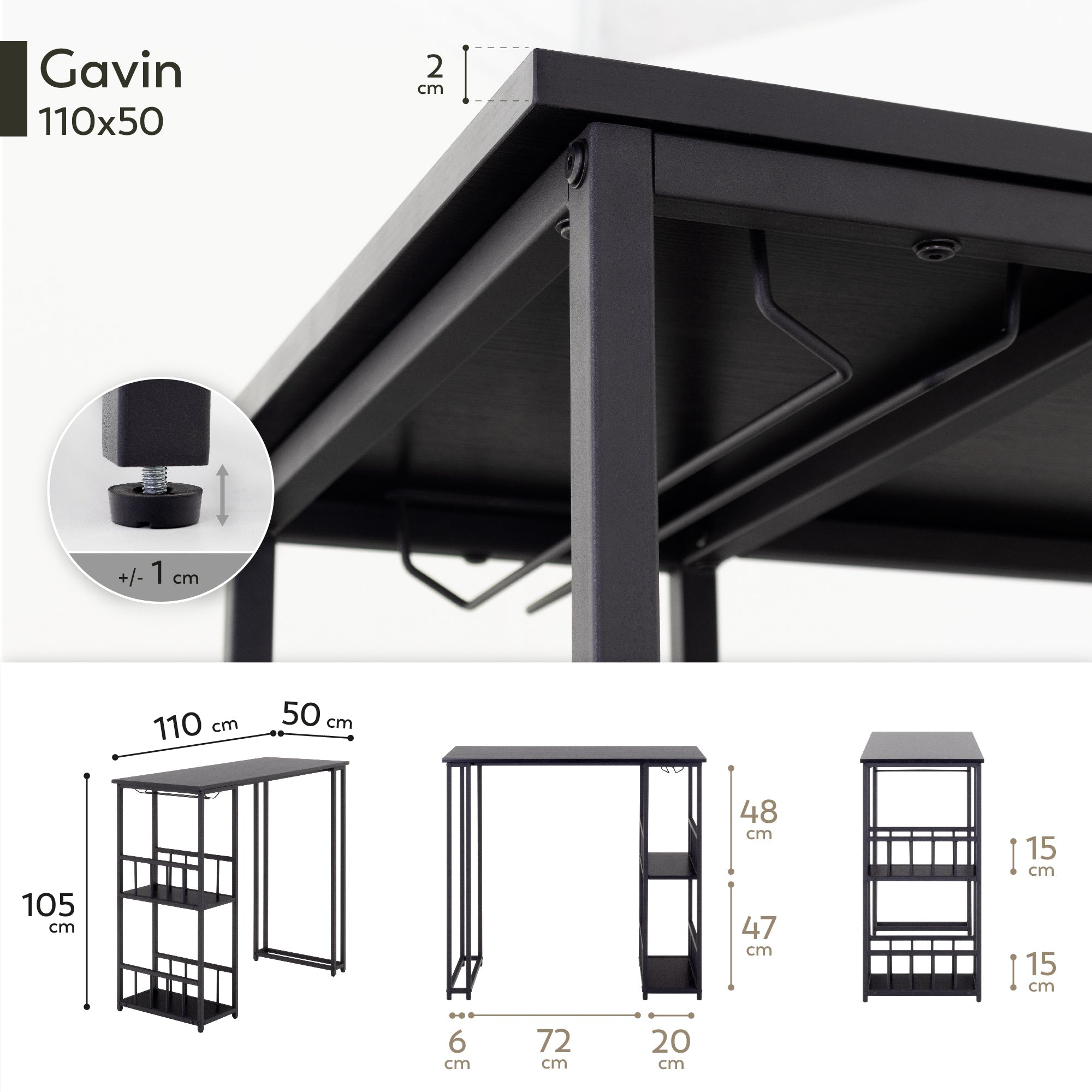GAVIN - Mesa de bar 110x50 cm, altura 105 cm, con 2 estantes y portacopas, estructura de acero, estilo industrial, negro