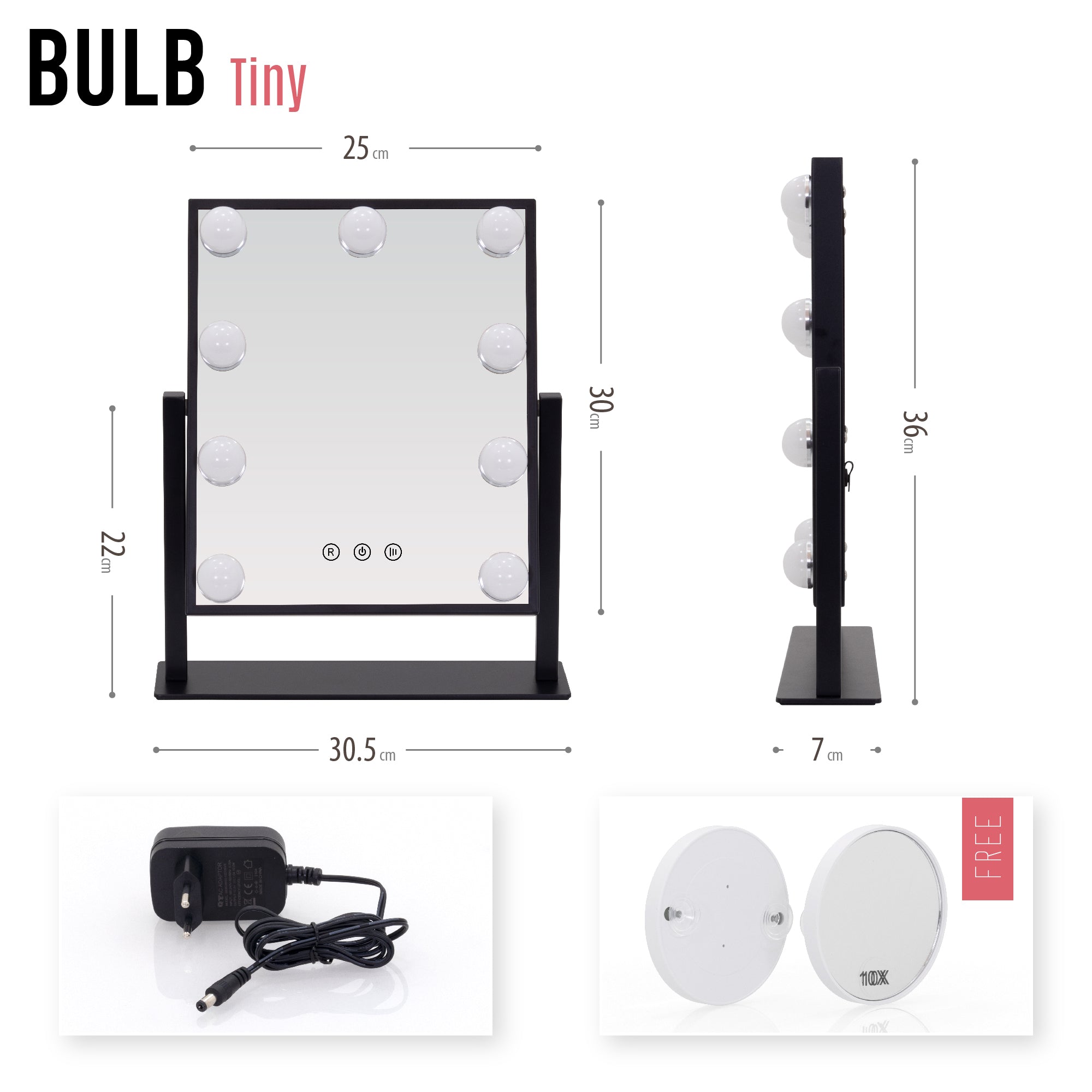 BULB TINY - Specchio da trucco con 9 lampadine LED